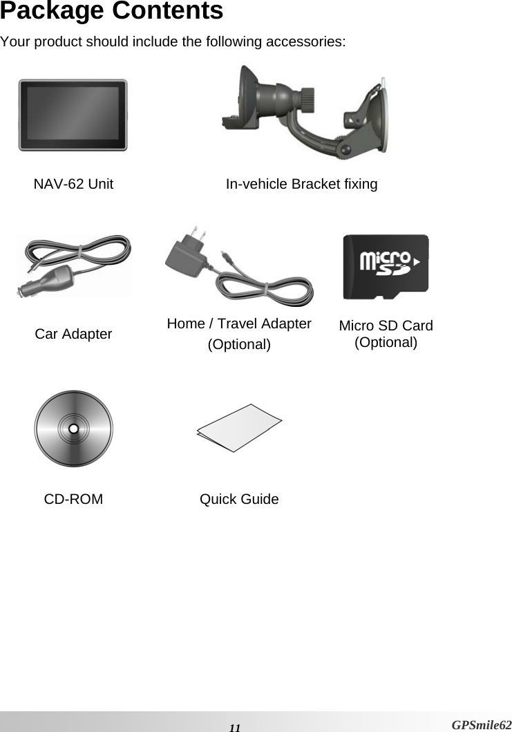 Package Contents Your product should include the following accessories:    NAV-62 Unit  In-vehicle Bracket fixing     Car Adapter  Home / Travel Adapter(Optional) Micro SD Card (Optional)       CD-ROM Quick Guide      11 GPSmile62 
