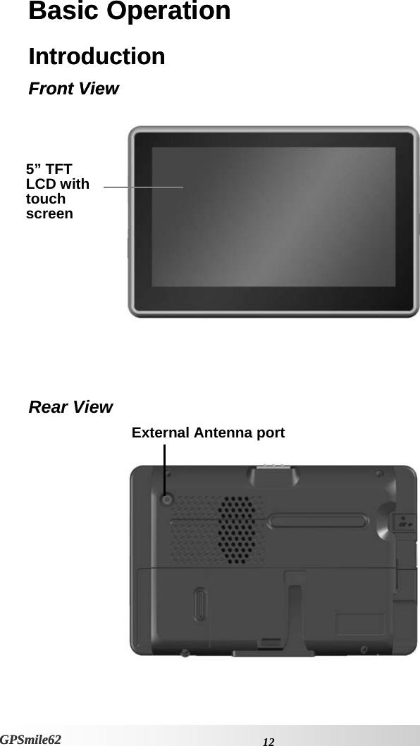 Basic Operation Basic Operation Introduction  Introduction  Front View Front View   5” TFT LCD with touch screen   Rear View   External Antenna port   12GPSmile62 GPSmile62 