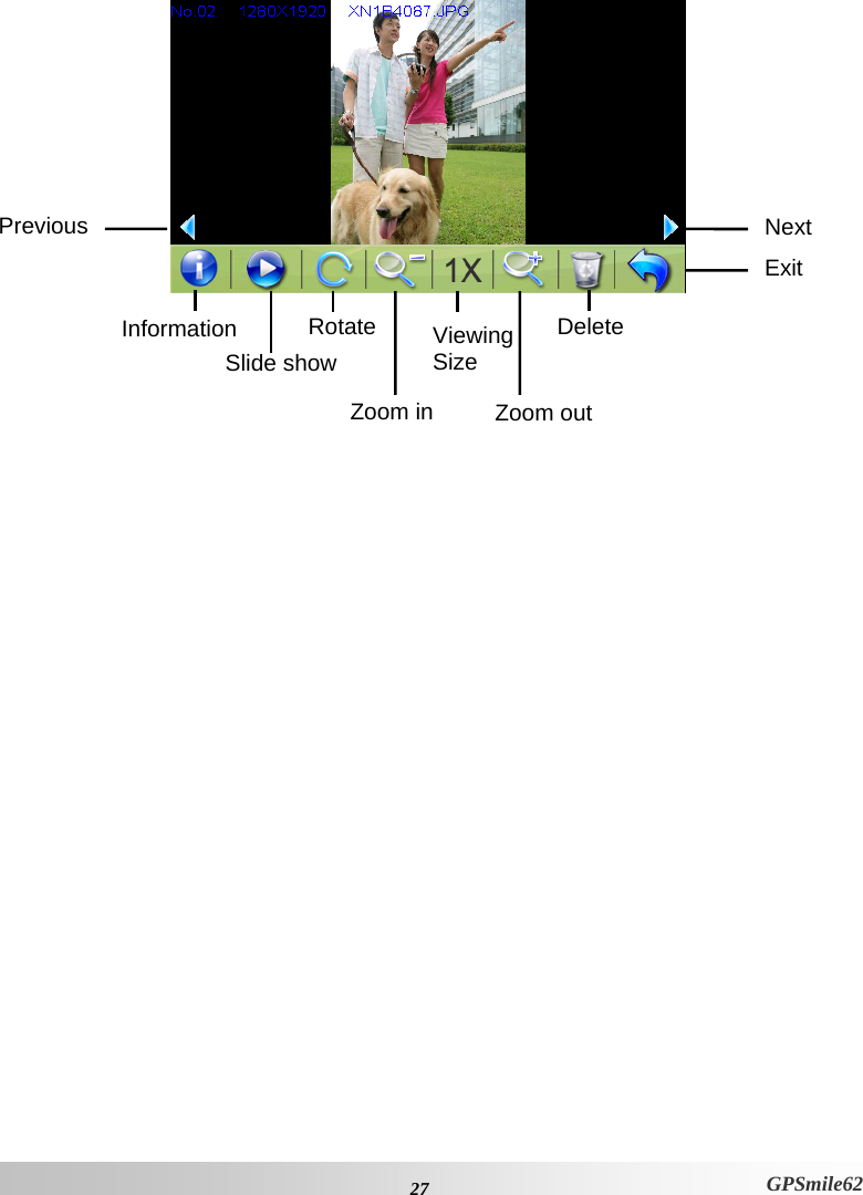  Previous  Next RotateZoom inViewing  Size Slide showInformation DeleteZoom out Exit    27 GPSmile62 