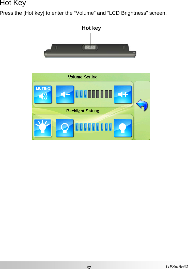 Hot Key Press the [Hot key] to enter the “Volume” and ”LCD Brightness” screen.    Hot key        37 GPSmile62 