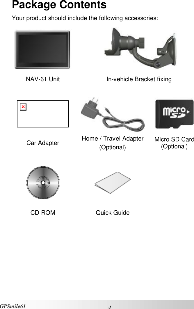    4 GPSmile61 Package Contents Your product should include the following accessories:    NAV-61 Unit  In-vehicle Bracket fixing         Car Adapter  Home / Travel Adapter (Optional) Micro SD Card (Optional)         CD-ROM Quick Guide     