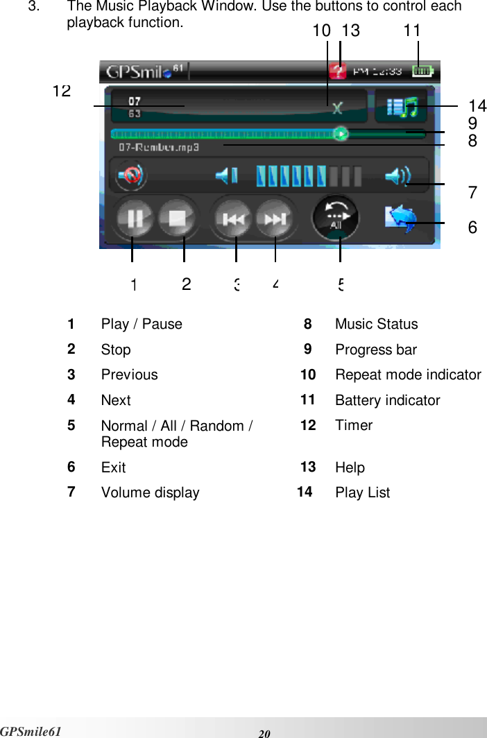    20 GPSmile61 3. The Music Playback Window. Use the buttons to control each playback function.      1  Play / Pause  8  Music Status 2  Stop  9  Progress bar 3  Previous  10 Repeat mode indicator 4  Next  11 Battery indicator 5  Normal / All / Random / Repeat mode  12 Timer 6  Exit  13 Help 7  Volume display  14  Play List         142  3514 9 8   7  6 12 11 10  13 