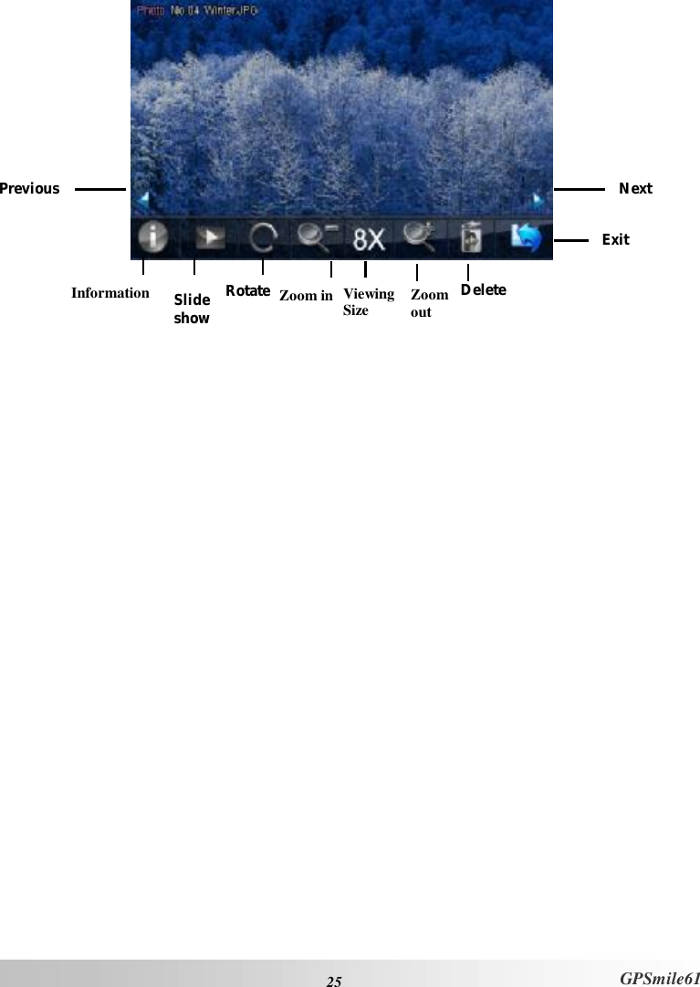  25 GPSmile61    Next Rotate Zoom in PreviousZoom  out Exit Delete  Information Slide  show Viewing  Size 