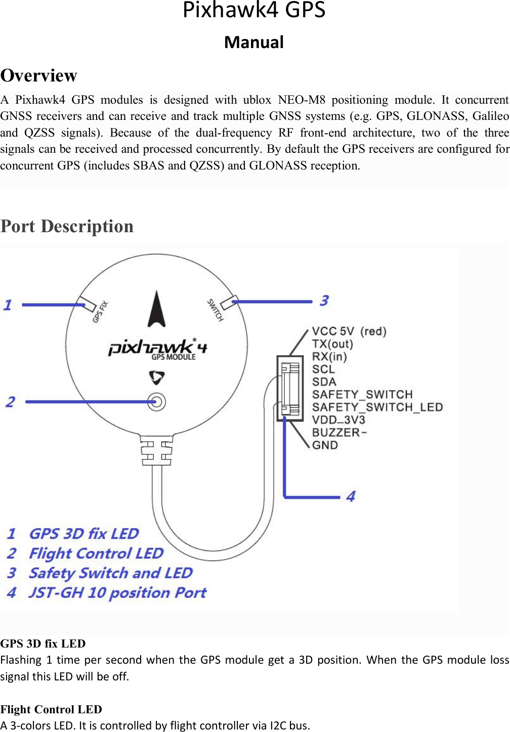 Pixhawk4 GPSManualOverviewA Pixhawk4 GPS modules is designed with ublox NEO-M8 positioning module. It concurrentGNSS receivers and can receive and track multiple GNSS systems (e.g. GPS, GLONASS, Galileoand QZSS signals). Because of the dual-frequency RF front-end architecture, two of the threesignals can be received and processed concurrently. By default the GPS receivers are configured forconcurrent GPS (includes SBAS and QZSS) and GLONASS reception.Port DescriptionGPS 3D fix LEDFlashing 1 time per second when the GPS module get a 3D position. When the GPS module losssignal this LED will be off.Flight Control LEDA 3-colors LED. It is controlled by flight controller via I2C bus.