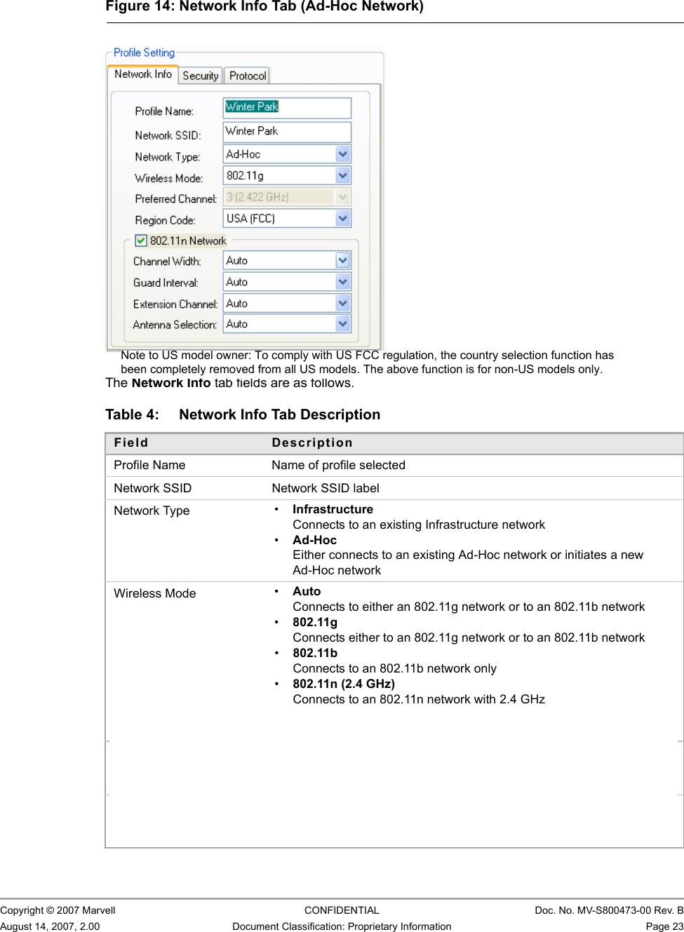 Marvell Wireless Configuration Utility User InterfaceProfile Manager Tab                         Copyright © 2007 Marvell CONFIDENTIAL Doc. No. MV-S800473-00 Rev. BAugust 14, 2007, 2.00 Document Classification: Proprietary Information Page 23                          The Network Info tab fields are as follows.Figure 14: Network Info Tab (Ad-Hoc Network)                         Table 4: Network Info Tab DescriptionField DescriptionProfile Name Name of profile selectedNetwork SSID Network SSID labelNetwork Type •InfrastructureConnects to an existing Infrastructure network•Ad-HocEither connects to an existing Ad-Hoc network or initiates a new Ad-Hoc networkWireless Mode •AutoConnects to either an 802.11g network or to an 802.11b network•802.11gConnects either to an 802.11g network or to an 802.11b network•802.11bConnects to an 802.11b network only•802.11n (2.4 GHz)Connects to an 802.11n network with 2.4 GHz•802.11n (5 GHz)Connects to an 802.11n network with 5 GHzPreferred Channel Channel being used for an Ad-Hoc network initiated by the client cardThe channel can be selected only at creation of a new profile (Ad-Hoc network only).Region Code Sets the region codeAvailable options are Default, USA (FCC), Canada (IC), Europe (ETSI), Spain, France, Japan (MKK), Taiwan (DGT), and Australia/KoreaNote to US model owner: To comply with US FCC regulation, the country selection function hasbeen completely removed from all US models. The above function is for non-US models only.