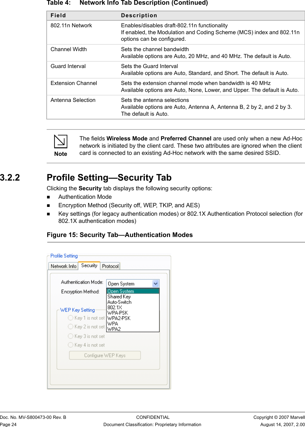 CB-82/MB-82/EC-82/MC-82 User Guide                                                  Doc. No. MV-S800473-00 Rev. B  CONFIDENTIAL  Copyright © 2007 MarvellPage 24 Document Classification: Proprietary Information August 14, 2007, 2.00                          3.2.2 Profile Setting—Security TabClicking the Security tab displays the following security options:Authentication ModeEncryption Method (Security off, WEP, TKIP, and AES)Key settings (for legacy authentication modes) or 802.1X Authentication Protocol selection (for 802.1X authentication modes)802.11n Network Enables/disables draft-802.11n functionalityIf enabled, the Modulation and Coding Scheme (MCS) index and 802.11n options can be configured.Channel Width Sets the channel bandwidthAvailable options are Auto, 20 MHz, and 40 MHz. The default is Auto.Guard Interval Sets the Guard IntervalAvailable options are Auto, Standard, and Short. The default is Auto.Extension Channel Sets the extension channel mode when bandwidth is 40 MHzAvailable options are Auto, None, Lower, and Upper. The default is Auto.Antenna Selection Sets the antenna selectionsAvailable options are Auto, Antenna A, Antenna B, 2 by 2, and 2 by 3. The default is Auto.NoteThe fields Wireless Mode and Preferred Channel are used only when a new Ad-Hoc network is initiated by the client card. These two attributes are ignored when the client card is connected to an existing Ad-Hoc network with the same desired SSID.Table 4: Network Info Tab Description (Continued)Field DescriptionFigure 15: Security Tab—Authentication Modes                         