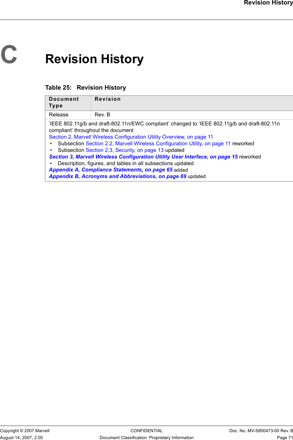 Revision History                         Copyright © 2007 Marvell CONFIDENTIAL Doc. No. MV-S800473-00 Rev. BAugust 14, 2007, 2.00 Document Classification: Proprietary Information Page 71 CRevision History                         Table 25: Revision HistoryDocument TypeRevisionRelease Rev. B’IEEE 802.11g/b and draft-802.11n/EWC compliant’ changed to ’IEEE 802.11g/b and draft-802.11n compliant’ throughout the documentSection 2, Marvell Wireless Configuration Utility Overview, on page 11• Subsection Section 2.2, Marvell Wireless Configuration Utility, on page 11 reworked• Subsection Section 2.3, Security, on page 13 updatedSection 3, Marvell Wireless Configuration Utility User Interface, on page 15 reworked• Description, figures, and tables in all subsections updatedAppendix A, Compliance Statements, on page 65 addedAppendix B, Acronyms and Abbreviations, on page 69 updated