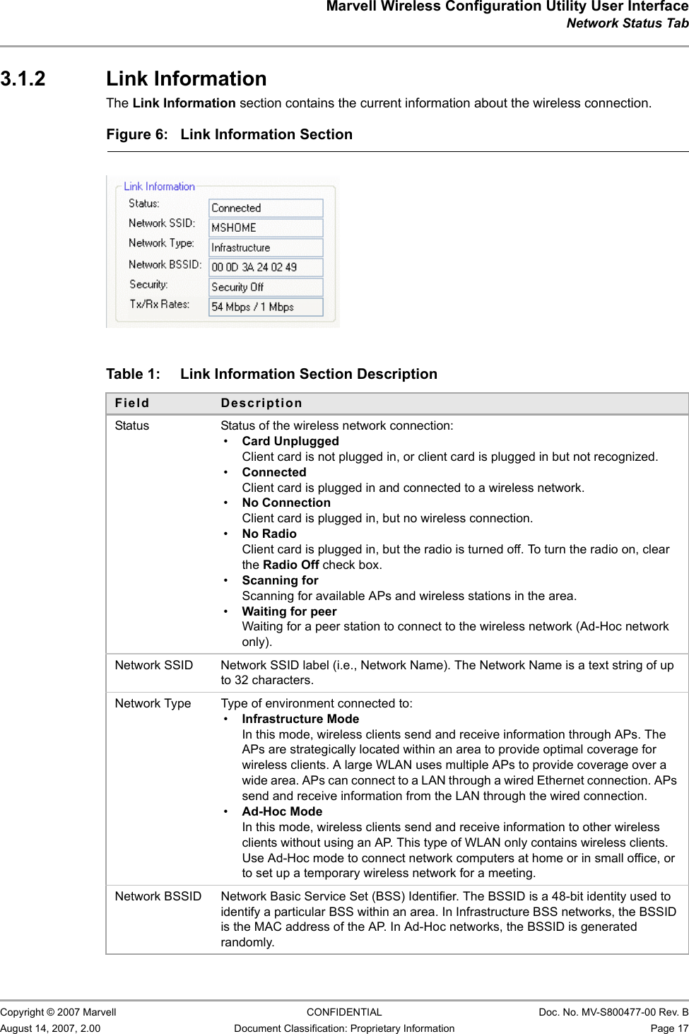 Marvell Wireless Configuration Utility User InterfaceNetwork Status Tab                         Copyright © 2007 Marvell CONFIDENTIAL Doc. No. MV-S800477-00 Rev. BAugust 14, 2007, 2.00 Document Classification: Proprietary Information Page 17 3.1.2 Link InformationThe Link Information section contains the current information about the wireless connection.                         Figure 6: Link Information Section                         Table 1: Link Information Section DescriptionField DescriptionStatus Status of the wireless network connection:•Card UnpluggedClient card is not plugged in, or client card is plugged in but not recognized.•ConnectedClient card is plugged in and connected to a wireless network.•No ConnectionClient card is plugged in, but no wireless connection.•No RadioClient card is plugged in, but the radio is turned off. To turn the radio on, clear the Radio Off check box.•Scanning forScanning for available APs and wireless stations in the area.•Waiting for peerWaiting for a peer station to connect to the wireless network (Ad-Hoc network only).Network SSID Network SSID label (i.e., Network Name). The Network Name is a text string of up to 32 characters.Network Type Type of environment connected to:•Infrastructure ModeIn this mode, wireless clients send and receive information through APs. The APs are strategically located within an area to provide optimal coverage for wireless clients. A large WLAN uses multiple APs to provide coverage over a wide area. APs can connect to a LAN through a wired Ethernet connection. APs send and receive information from the LAN through the wired connection.•Ad-Hoc ModeIn this mode, wireless clients send and receive information to other wireless clients without using an AP. This type of WLAN only contains wireless clients. Use Ad-Hoc mode to connect network computers at home or in small office, or to set up a temporary wireless network for a meeting. Network BSSID Network Basic Service Set (BSS) Identifier. The BSSID is a 48-bit identity used to identify a particular BSS within an area. In Infrastructure BSS networks, the BSSID is the MAC address of the AP. In Ad-Hoc networks, the BSSID is generated randomly.