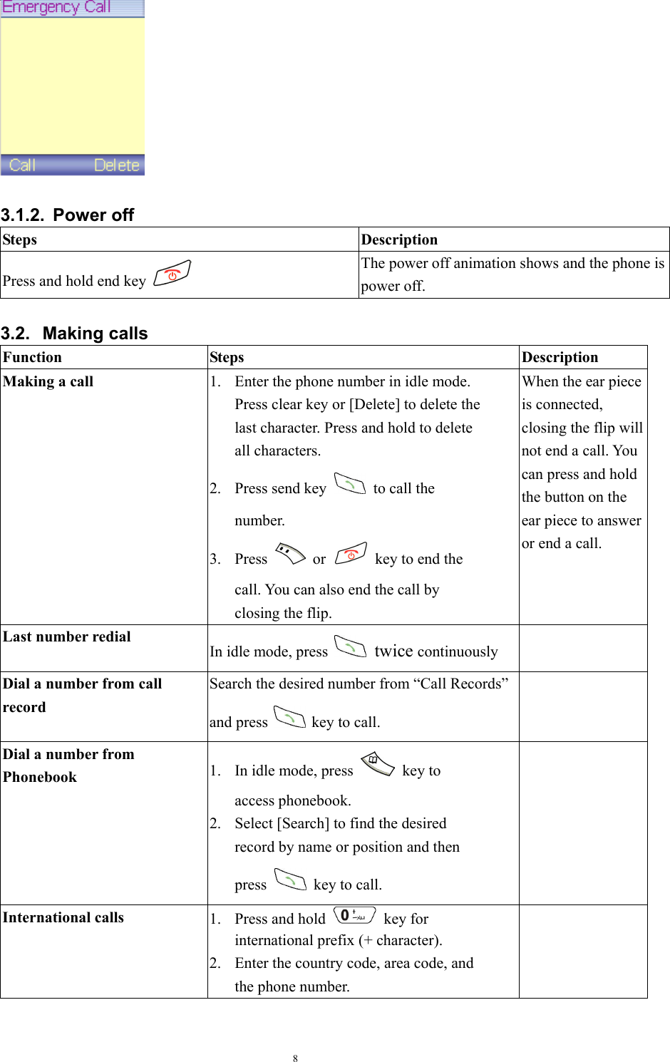 8     3.1.2. Power off Steps Description Press and hold end key   The power off animation shows and the phone is power off.  3.2. Making calls Function Steps Description Making a call 1.  Enter the phone number in idle mode. Press clear key or [Delete] to delete the last character. Press and hold to delete all characters. 2. Press send key   to call the number. 3. Press   or    key to end the call. You can also end the call by closing the flip.   When the ear piece is connected, closing the flip will not end a call. You can press and hold the button on the ear piece to answer or end a call.   Last number redial In idle mode, press   twice continuously  Dial a number from call record Search the desired number from “Call Records” and press    key to call.  Dial a number from Phonebook  1.  In idle mode, press   key to access phonebook.   2.  Select [Search] to find the desired record by name or position and then press   key to call.  International calls  1. Press and hold   key for international prefix (+ character). 2.  Enter the country code, area code, and the phone number.  