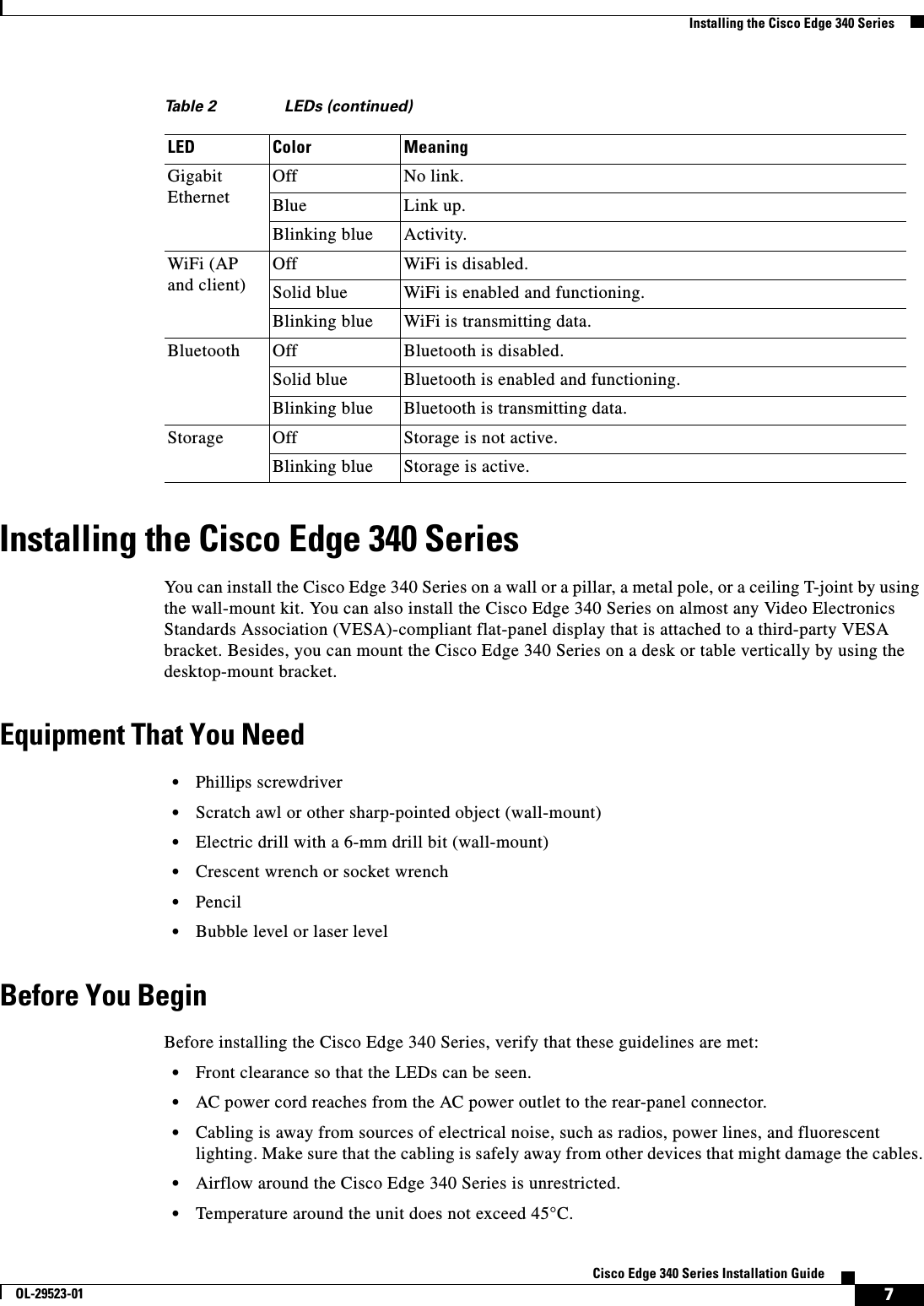  7Cisco Edge 340 Series Installation GuideOL-29523-01Installing the Cisco Edge 340 SeriesInstalling the Cisco Edge 340 SeriesYou can install the Cisco Edge 340 Series on a wall or a pillar, a metal pole, or a ceiling T-joint by using the wall-mount kit. You can also install the Cisco Edge 340 Series on almost any Video Electronics Standards Association (VESA)-compliant flat-panel display that is attached to a third-party VESA bracket. Besides, you can mount the Cisco Edge 340 Series on a desk or table vertically by using the desktop-mount bracket. Equipment That You Need  • Phillips screwdriver   • Scratch awl or other sharp-pointed object (wall-mount)  • Electric drill with a 6-mm drill bit (wall-mount)  • Crescent wrench or socket wrench • Pencil  • Bubble level or laser levelBefore You BeginBefore installing the Cisco Edge 340 Series, verify that these guidelines are met:  • Front clearance so that the LEDs can be seen.  • AC power cord reaches from the AC power outlet to the rear-panel connector.  • Cabling is away from sources of electrical noise, such as radios, power lines, and fluorescent lighting. Make sure that the cabling is safely away from other devices that might damage the cables.  • Airflow around the Cisco Edge 340 Series is unrestricted.  • Temperature around the unit does not exceed 45°C. Gigabit EthernetOff No link.Blue Link up.Blinking blue Activity.WiFi (AP and client)Off WiFi is disabled.Solid blue WiFi is enabled and functioning.Blinking blue WiFi is transmitting data.Bluetooth Off Bluetooth is disabled.Solid blue Bluetooth is enabled and functioning.Blinking blue Bluetooth is transmitting data.Storage Off Storage is not active.Blinking blue Storage is active.Table 2 LEDs (continued)LED Color Meaning