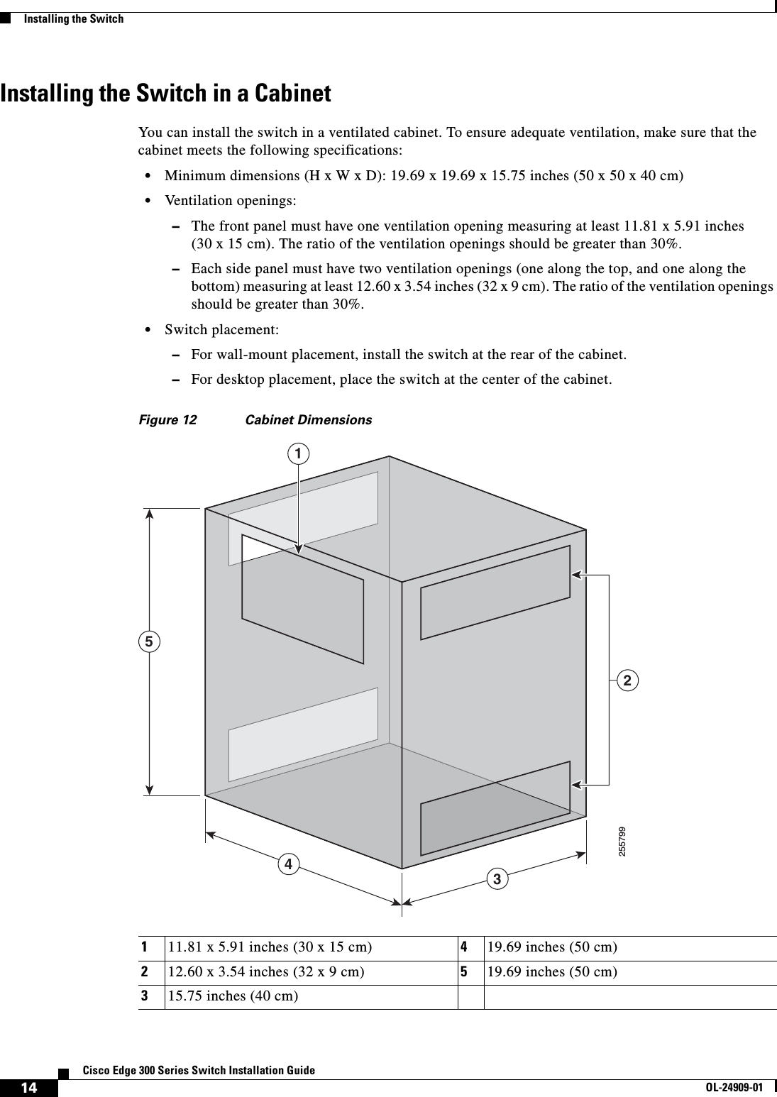  14Cisco Edge 300 Series Switch Installation GuideOL-24909-01Installing the SwitchInstalling the Switch in a CabinetYou can install the switch in a ventilated cabinet. To ensure adequate ventilation, make sure that the cabinet meets the following specifications:•Minimum dimensions (H x W x D): 19.69 x 19.69 x 15.75 inches (50 x 50 x 40 cm)•Ventilation openings:–The front panel must have one ventilation opening measuring at least 11.81 x 5.91 inches (30 x 15 cm). The ratio of the ventilation openings should be greater than 30%.–Each side panel must have two ventilation openings (one along the top, and one along the bottom) measuring at least 12.60 x 3.54 inches (32 x 9 cm). The ratio of the ventilation openings should be greater than 30%.•Switch placement:–For wall-mount placement, install the switch at the rear of the cabinet.–For desktop placement, place the switch at the center of the cabinet.Figure 12 Cabinet Dimensions111.81 x 5.91 inches (30 x 15 cm) 419.69 inches (50 cm)212.60 x 3.54 inches (32 x 9 cm) 519.69 inches (50 cm)315.75 inches (40 cm)25579912345