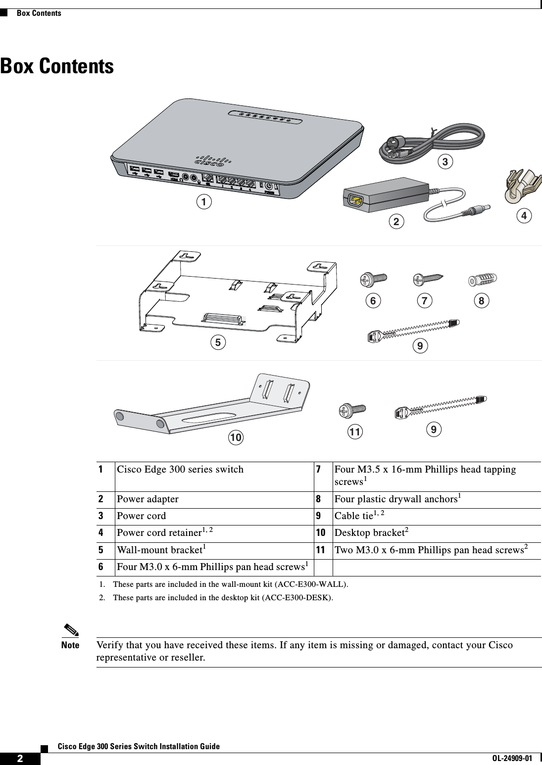  2Cisco Edge 300 Series Switch Installation GuideOL-24909-01Box ContentsBox ContentsNote Verify that you have received these items. If any item is missing or damaged, contact your Cisco representative or reseller.1Cisco Edge 300 series switch 7Four M3.5 x 16-mm Phillips head tapping screws12Power adapter 8Four plastic drywall anchors13Power cord 9Cable tie1, 24Power cord retainer1, 21. These parts are included in the wall-mount kit (ACC-E300-WALL).2. These parts are included in the desktop kit (ACC-E300-DESK).10 Desktop bracket25Wall-mount bracket111 Two M3.0 x 6-mm Phillips pan head screws26Four M3.0 x 6-mm Phillips pan head screws1123456 7 8910 11 9