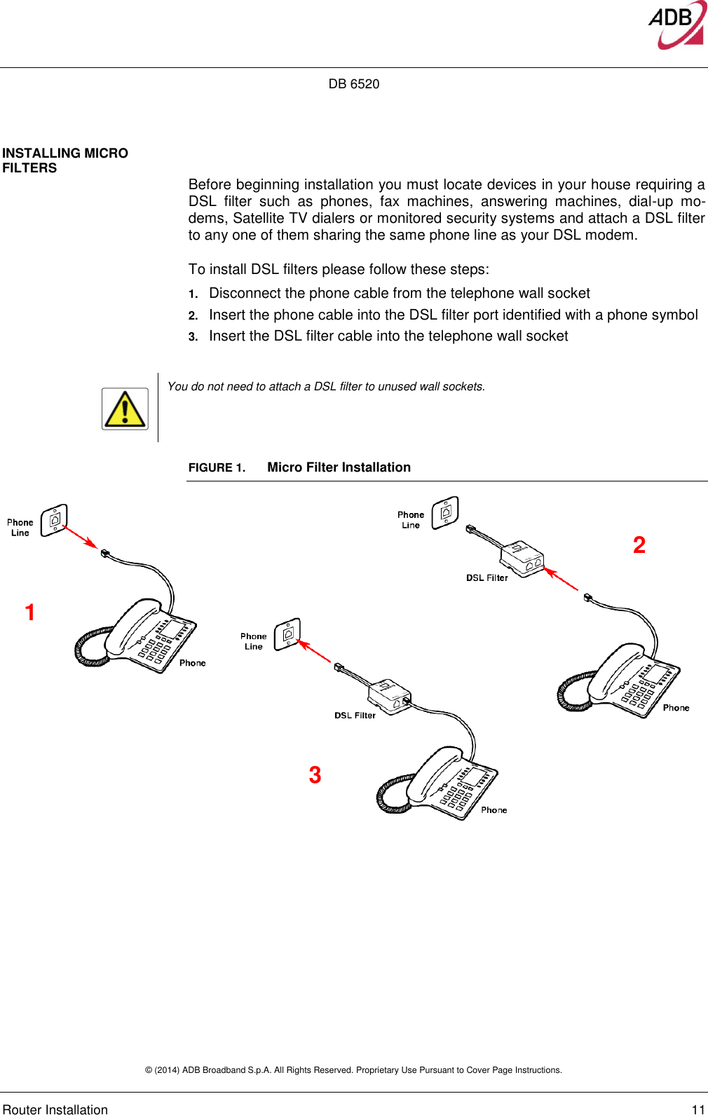 DB 6520 © (2014) ADB Broadband S.p.A. All Rights Reserved. Proprietary Use Pursuant to Cover Page Instructions.   Router Installation    11 INSTALLING MICRO FILTERS  Before beginning installation you must locate devices in your house requiring a DSL  filter  such  as  phones,  fax  machines,  answering  machines,  dial-up  mo-dems, Satellite TV dialers or monitored security systems and attach a DSL filter to any one of them sharing the same phone line as your DSL modem. To install DSL filters please follow these steps: 1. Disconnect the phone cable from the telephone wall socket 2. Insert the phone cable into the DSL filter port identified with a phone symbol 3. Insert the DSL filter cable into the telephone wall socket   You do not need to attach a DSL filter to unused wall sockets. FIGURE 1.   Micro Filter Installation  1 3 2 