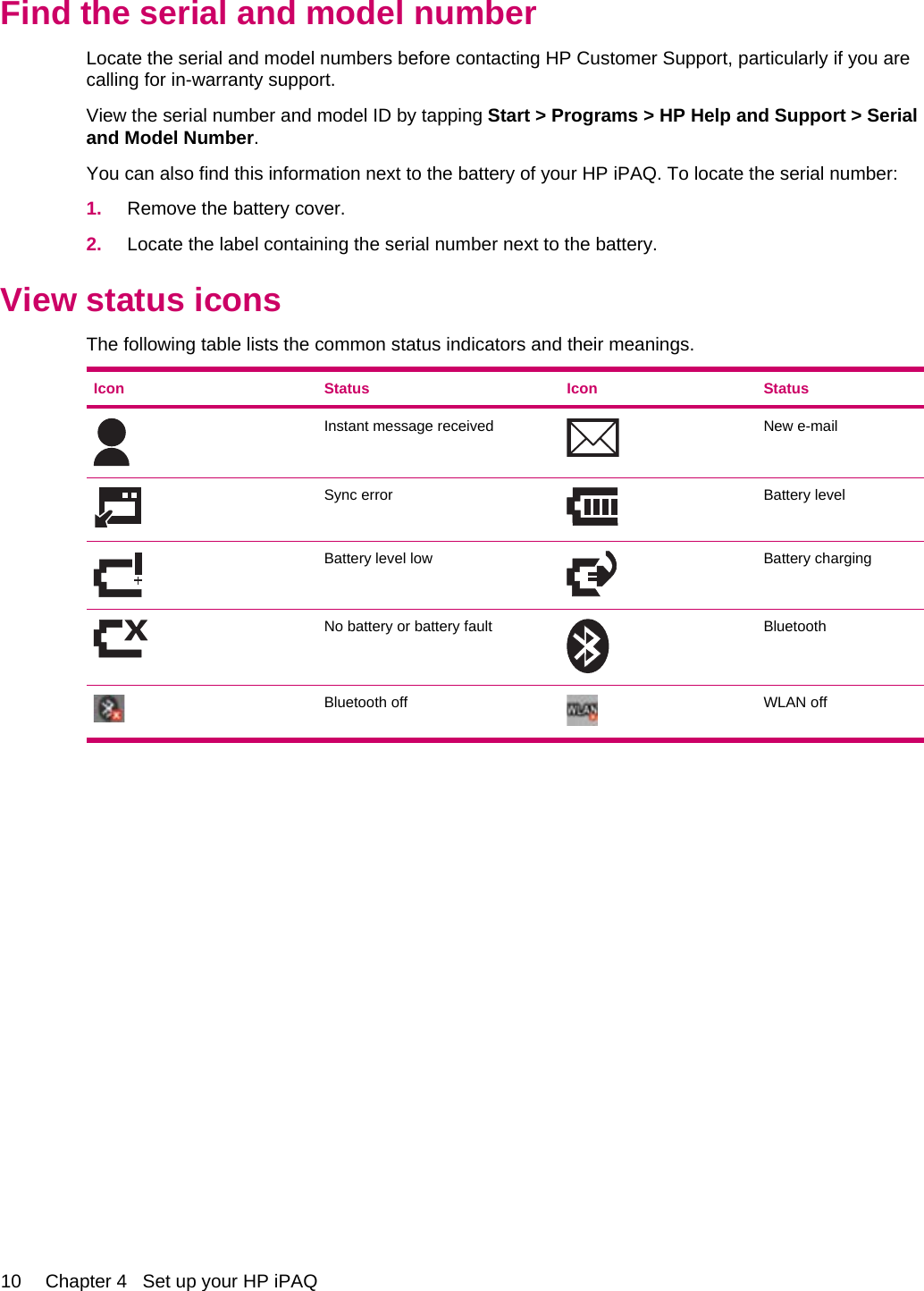 Find the serial and model numberLocate the serial and model numbers before contacting HP Customer Support, particularly if you arecalling for in-warranty support.View the serial number and model ID by tapping Start &gt; Programs &gt; HP Help and Support &gt; Serialand Model Number.You can also find this information next to the battery of your HP iPAQ. To locate the serial number:1. Remove the battery cover.2. Locate the label containing the serial number next to the battery.View status iconsThe following table lists the common status indicators and their meanings.Icon Status Icon StatusInstant message received New e-mailSync error Battery levelBattery level low Battery chargingNo battery or battery fault BluetoothBluetooth off WLAN off10 Chapter 4   Set up your HP iPAQ
