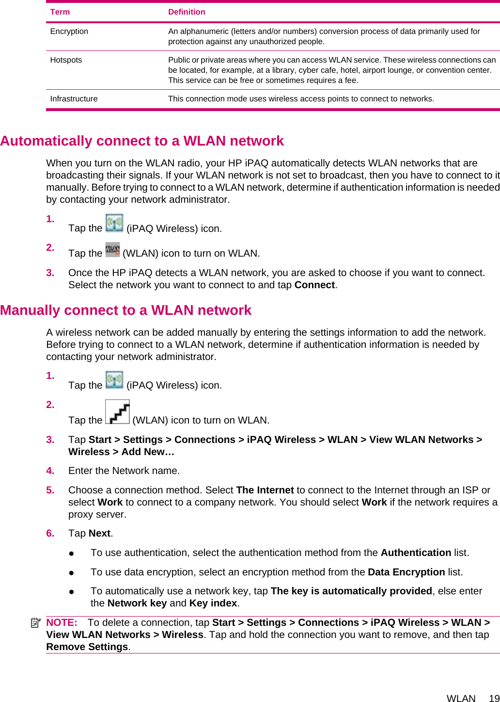 Term DefinitionEncryption An alphanumeric (letters and/or numbers) conversion process of data primarily used forprotection against any unauthorized people.Hotspots Public or private areas where you can access WLAN service. These wireless connections canbe located, for example, at a library, cyber cafe, hotel, airport lounge, or convention center.This service can be free or sometimes requires a fee.Infrastructure This connection mode uses wireless access points to connect to networks.Automatically connect to a WLAN networkWhen you turn on the WLAN radio, your HP iPAQ automatically detects WLAN networks that arebroadcasting their signals. If your WLAN network is not set to broadcast, then you have to connect to itmanually. Before trying to connect to a WLAN network, determine if authentication information is neededby contacting your network administrator.1. Tap the   (iPAQ Wireless) icon.2. Tap the   (WLAN) icon to turn on WLAN.3. Once the HP iPAQ detects a WLAN network, you are asked to choose if you want to connect.Select the network you want to connect to and tap Connect.Manually connect to a WLAN networkA wireless network can be added manually by entering the settings information to add the network.Before trying to connect to a WLAN network, determine if authentication information is needed bycontacting your network administrator.1. Tap the   (iPAQ Wireless) icon.2.Tap the   (WLAN) icon to turn on WLAN.3. Tap Start &gt; Settings &gt; Connections &gt; iPAQ Wireless &gt; WLAN &gt; View WLAN Networks &gt;Wireless &gt; Add New…4. Enter the Network name.5. Choose a connection method. Select The Internet to connect to the Internet through an ISP orselect Work to connect to a company network. You should select Work if the network requires aproxy server.6. Tap Next.●To use authentication, select the authentication method from the Authentication list.●To use data encryption, select an encryption method from the Data Encryption list.●To automatically use a network key, tap The key is automatically provided, else enterthe Network key and Key index.NOTE: To delete a connection, tap Start &gt; Settings &gt; Connections &gt; iPAQ Wireless &gt; WLAN &gt;View WLAN Networks &gt; Wireless. Tap and hold the connection you want to remove, and then tapRemove Settings.WLAN 19