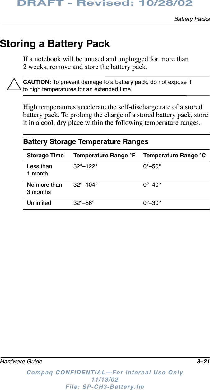 Battery PacksHardware Guide 3–21DRAFT - Revised: 10/28/02Compaq CONFIDENTIAL—For Internal Use Only11/13/02 File: SP-CH3-Battery.fmStoring a Battery PackIf a notebook will be unused and unplugged for more than 2 weeks, remove and store the battery pack.ÄCAUTION: To prevent damage to a battery pack, do not expose it to high temperatures for an extended time.High temperatures accelerate the self-discharge rate of a stored battery pack. To prolong the charge of a stored battery pack, store it in a cool, dry place within the following temperature ranges.Battery Storage Temperature RangesStorage Time Temperature Range °F Temperature Range °CLess than 1 month32°–122° 0°–50°No more than 3 months32°–104° 0°–40°Unlimited 32°–86° 0°–30°