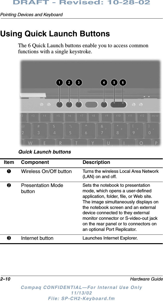 2–10 Hardware GuidePointing Devices and KeyboardDRAFT - Revised: 10-28-02Compaq CONFIDENTIAL—For Internal Use Only11/13/02 File: SP-CH2-Keyboard.fmUsing Quick Launch ButtonsThe 6 Quick Launch buttons enable you to access common functions with a single keystroke.Quick Launch buttonsItem Component Description1Wireless On/Off button Turns the wireless Local Area Network (LAN) on and off.2Presentation Mode buttonSets the notebook to presentation mode, which opens a user-defined application, folder, file, or Web site. The image simultaneously displays on the notebook screen and an external device connected to they external monitor connector or S-video-out jack on the rear panel or to connectors on an optional Port Replicator.3Internet button Launches Internet Explorer.