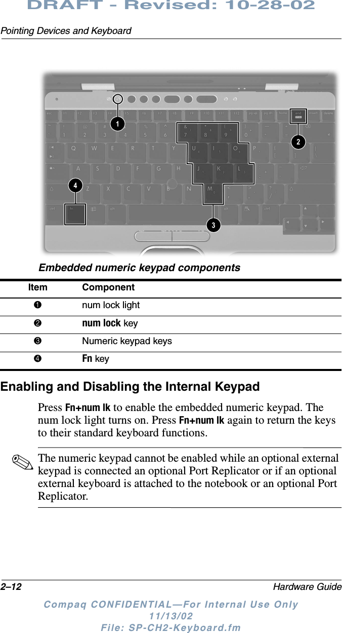 2–12 Hardware GuidePointing Devices and KeyboardDRAFT - Revised: 10-28-02Compaq CONFIDENTIAL—For Internal Use Only11/13/02 File: SP-CH2-Keyboard.fmEmbedded numeric keypad componentsEnabling and Disabling the Internal KeypadPress Fn+num lk to enable the embedded numeric keypad. The num lock light turns on. Press Fn+num lk again to return the keys to their standard keyboard functions.✎The numeric keypad cannot be enabled while an optional external keypad is connected an optional Port Replicator or if an optional external keyboard is attached to the notebook or an optional Port Replicator.Item Component1num lock light2num lock key3Numeric keypad keys4Fn key