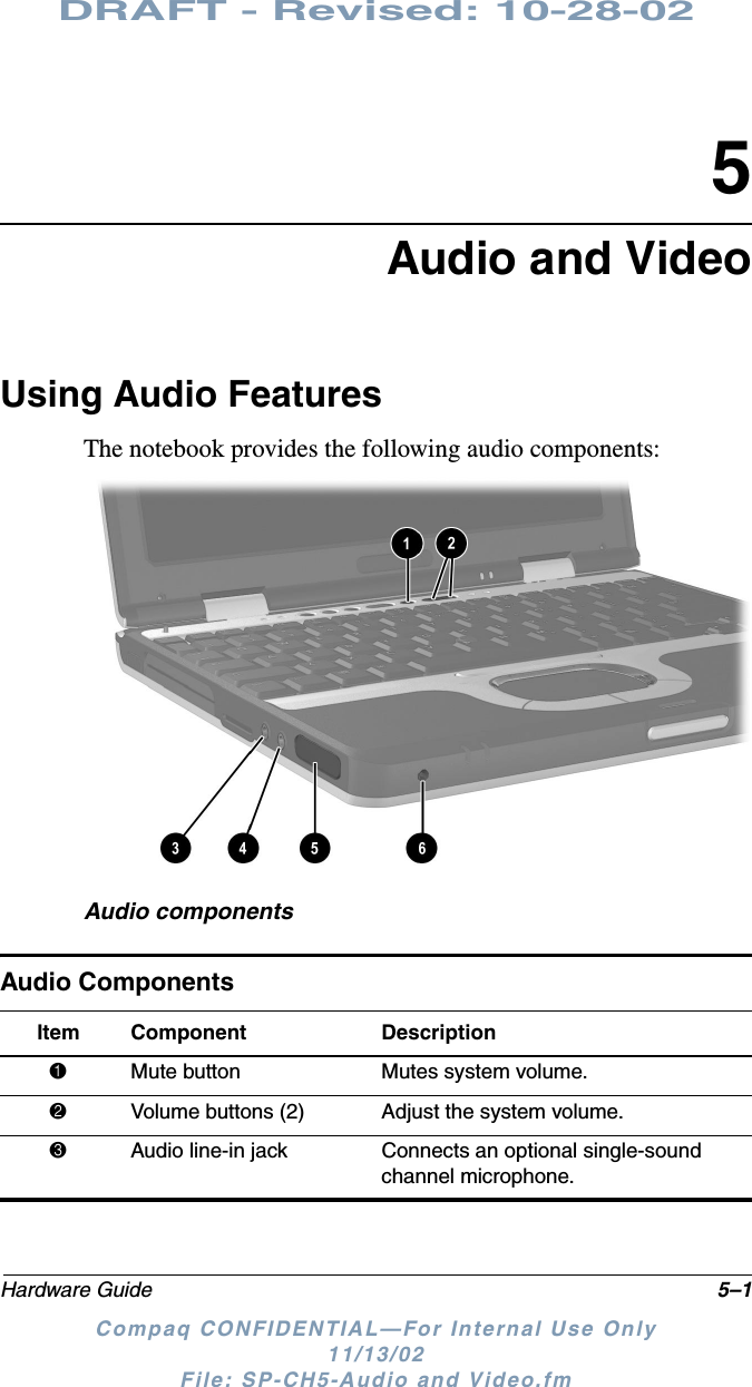 DRAFT - Revised: 10-28-02Hardware Guide 5–1Compaq CONFIDENTIAL—For Internal Use Only11/13/02 File: SP-CH5-Audio and Video.fm5Audio and VideoUsing Audio FeaturesThe notebook provides the following audio components:Audio componentsAudio ComponentsItem Component Description1Mute button Mutes system volume.2Volume buttons (2) Adjust the system volume.3Audio line-in jack Connects an optional single-sound channel microphone.