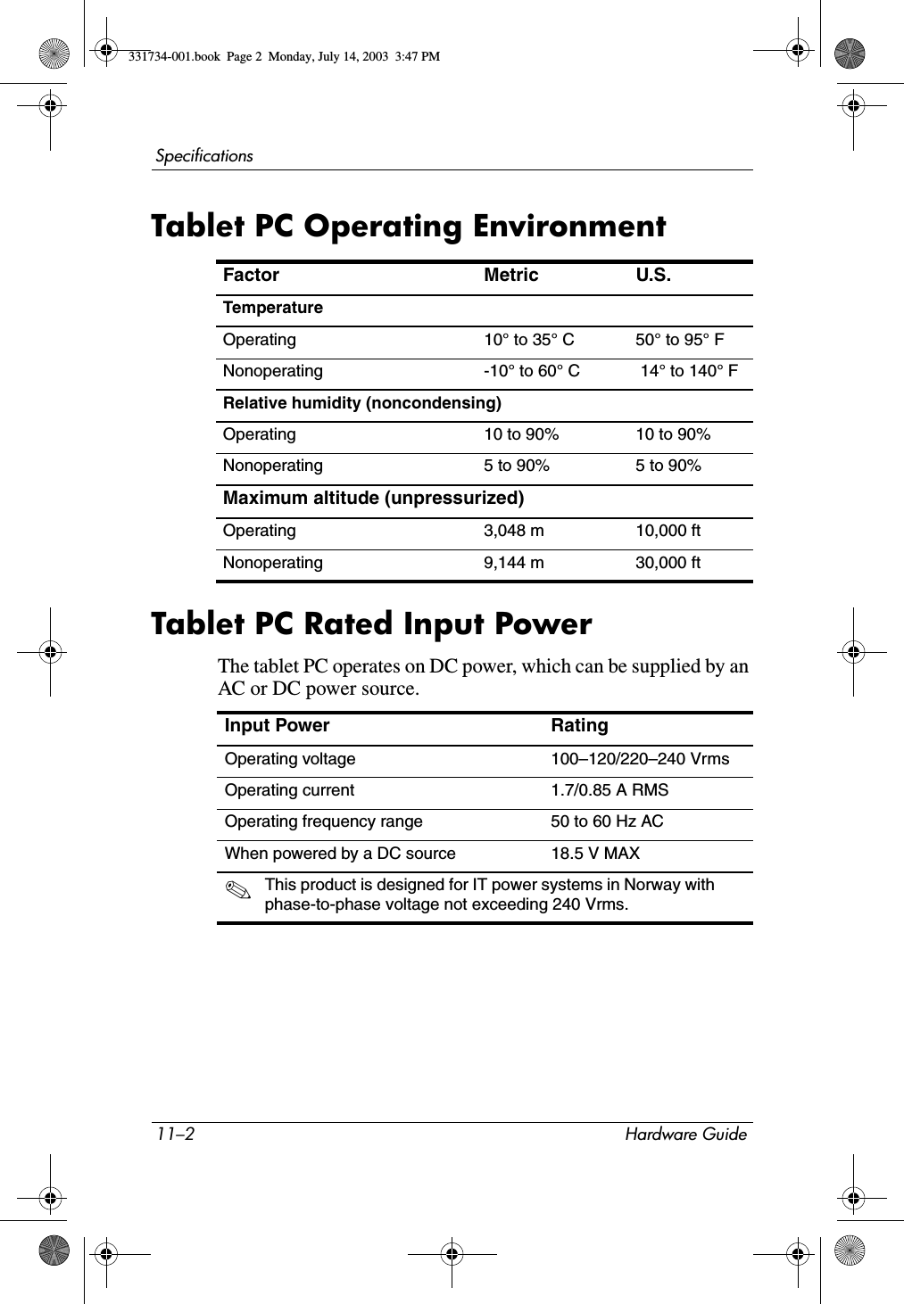 11–2 Hardware GuideSpecificationsTablet PC Operating EnvironmentTablet PC Rated Input PowerThe tablet PC operates on DC power, which can be supplied by an AC or DC power source.Factor Metric U.S.TemperatureOperating 10° to 35° C 50° to 95° FNonoperating -10° to 60° C  14° to 140° FRelative humidity (noncondensing)Operating 10 to 90% 10 to 90%Nonoperating 5 to 90% 5 to 90%Maximum altitude (unpressurized)Operating 3,048 m 10,000 ftNonoperating 9,144 m 30,000 ftInput Power RatingOperating voltage 100–120/220–240 VrmsOperating current 1.7/0.85 A RMSOperating frequency range 50 to 60 Hz ACWhen powered by a DC source 18.5 V MAX✎This product is designed for IT power systems in Norway with phase-to-phase voltage not exceeding 240 Vrms.331734-001.book  Page 2  Monday, July 14, 2003  3:47 PM