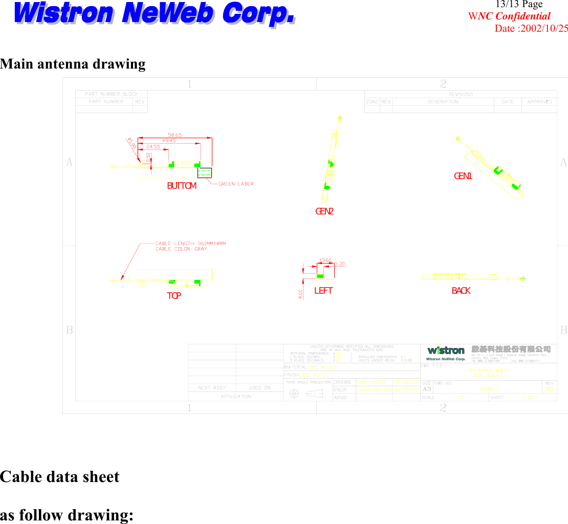                                                                                              13/13 Page WNC Confidential       Date :2002/10/25  Main antenna drawing BACKTOP LEFTGEN1GEN2BUTTOM81.CA813.001SA 0624 00051   Cable data sheet as follow drawing: 