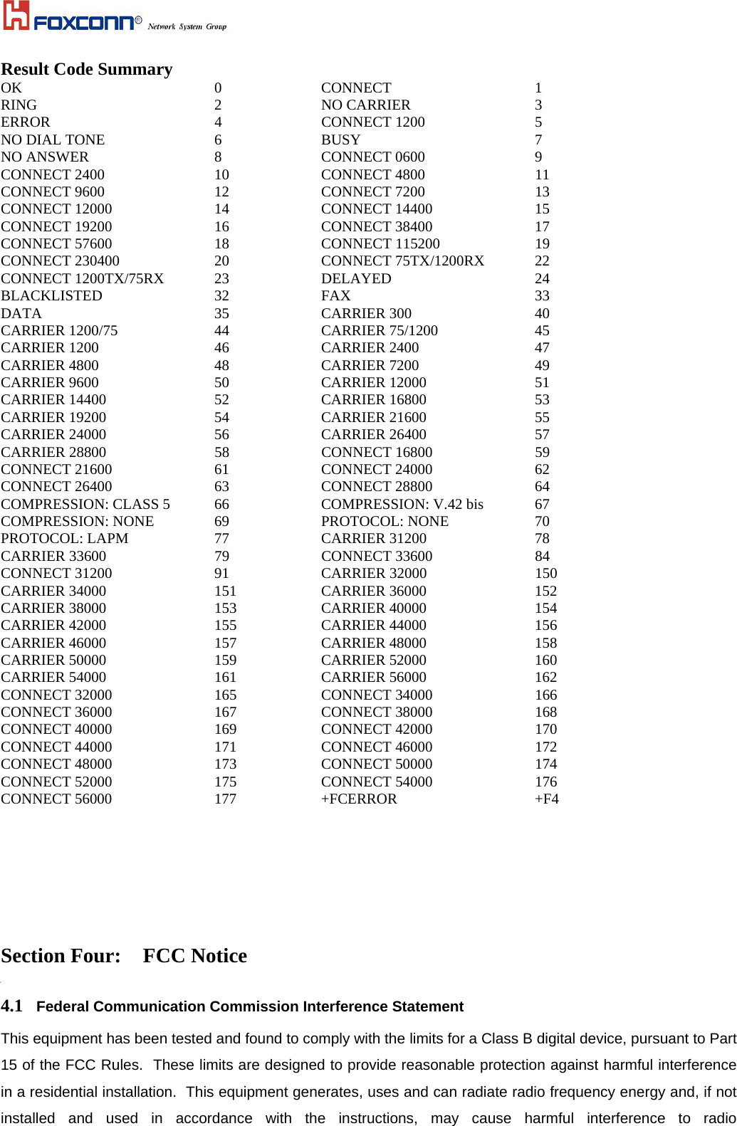  Result Code Summary OK      0   CONNECT     1 RING     2   NO CARRIER    3 ERROR     4   CONNECT 1200    5 NO DIAL TONE    6   BUSY     7 NO ANSWER    8   CONNECT 0600    9 CONNECT 2400    10   CONNECT 4800    11 CONNECT 9600    12   CONNECT 7200    13 CONNECT 12000   14   CONNECT 14400   15 CONNECT 19200   16   CONNECT 38400   17 CONNECT 57600   18   CONNECT 115200   19 CONNECT 230400   20   CONNECT 75TX/1200RX    22 CONNECT 1200TX/75RX  23   DELAYED     24 BLACKLISTED    32   FAX      33 DATA     35   CARRIER 300    40 CARRIER 1200/75   44   CARRIER 75/1200   45 CARRIER 1200    46   CARRIER 2400    47 CARRIER 4800    48   CARRIER 7200    49 CARRIER 9600    50   CARRIER 12000    51 CARRIER 14400    52   CARRIER 16800    53 CARRIER 19200    54   CARRIER 21600    55 CARRIER 24000    56   CARRIER 26400    57 CARRIER 28800    58   CONNECT 16800   59 CONNECT 21600   61   CONNECT 24000   62 CONNECT 26400   63   CONNECT 28800   64 COMPRESSION: CLASS 5    66      COMPRESSION: V.42 bis    67 COMPRESSION: NONE  69   PROTOCOL: NONE   70 PROTOCOL: LAPM   77   CARRIER 31200    78 CARRIER 33600    79   CONNECT 33600   84 CONNECT 31200   91   CARRIER 32000    150 CARRIER 34000    151   CARRIER 36000    152 CARRIER 38000    153   CARRIER 40000    154 CARRIER 42000    155   CARRIER 44000    156 CARRIER 46000    157   CARRIER 48000    158 CARRIER 50000    159   CARRIER 52000    160 CARRIER 54000    161   CARRIER 56000    162 CONNECT 32000   165   CONNECT 34000   166 CONNECT 36000   167   CONNECT 38000   168 CONNECT 40000   169   CONNECT 42000   170 CONNECT 44000   171   CONNECT 46000   172 CONNECT 48000   173   CONNECT 50000   174 CONNECT 52000   175   CONNECT 54000   176 CONNECT 56000   177   +FCERROR    +F4    Section Four:  FCC Notice 4.1  Federal Communication Commission Interference Statement This equipment has been tested and found to comply with the limits for a Class B digital device, pursuant to Part 15 of the FCC Rules.  These limits are designed to provide reasonable protection against harmful interference in a residential installation.  This equipment generates, uses and can radiate radio frequency energy and, if not installed and used in accordance with the instructions, may cause harmful interference to radio 