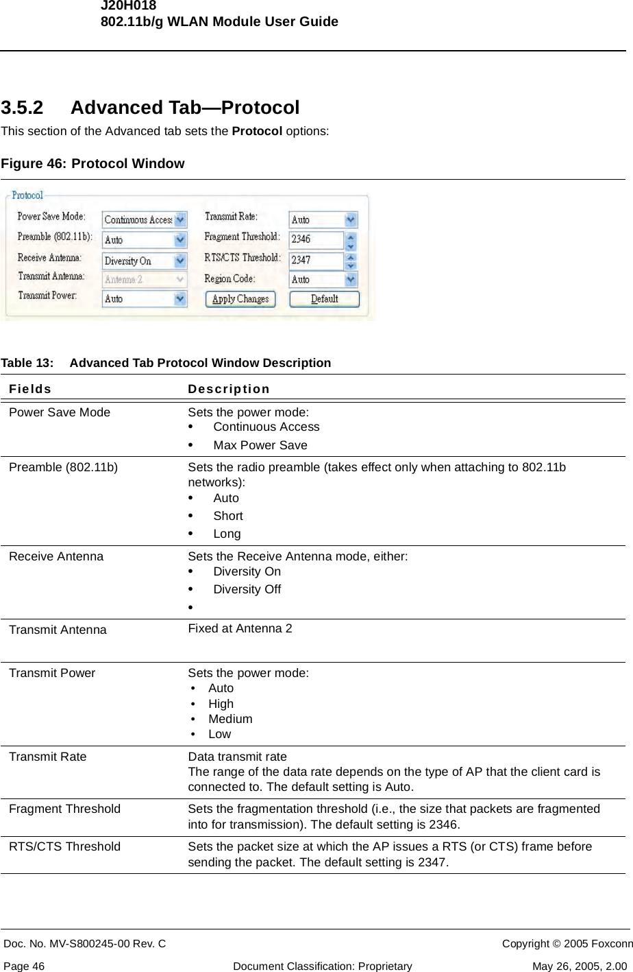 J20H018802.11b/g WLAN Module User GuideDoc. No. MV-S800245-00 Rev. C  CONFIDENTIAL  Copyright © 2005 FoxconnPage 46  Document Classification: Proprietary May 26, 2005, 2.003.5.2 Advanced Tab—ProtocolThis section of the Advanced tab sets the Protocol options:Figure 46: Protocol Window  Table 13: Advanced Tab Protocol Window DescriptionFields DescriptionPower Save Mode Sets the power mode:•Continuous Access•Max Power SavePreamble (802.11b) Sets the radio preamble (takes effect only when attaching to 802.11b networks):•Auto•Short•LongReceive Antenna Sets the Receive Antenna mode, either:•Diversity On•Diversity Off•Transmit Antenna Fixed at Antenna 2Transmit Power Sets the power mode:•Auto•High•Medium• LowTransmit Rate Data transmit rateThe range of the data rate depends on the type of AP that the client card is connected to. The default setting is Auto.Fragment Threshold Sets the fragmentation threshold (i.e., the size that packets are fragmented into for transmission). The default setting is 2346.RTS/CTS Threshold Sets the packet size at which the AP issues a RTS (or CTS) frame before sending the packet. The default setting is 2347.