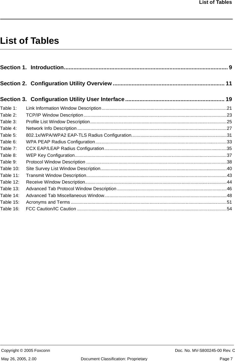 List of TablesCopyright © 2005 Foxconn CONFIDENTIAL Doc. No. MV-S800245-00 Rev. CMay 26, 2005, 2.00 Document Classification: Proprietary  Page 7List of TablesSection 1. Introduction........................................................................................................ 9Section 2. Configuration Utility Overview ....................................................................... 11Section 3. Configuration Utility User Interface............................................................... 19Table 1: Link Information Window Description.................................................................................................21Table 2: TCP/IP Window Description...............................................................................................................23Table 3: Profile List Window Description..........................................................................................................25Table 4: Network Info Description ....................................................................................................................27Table 5: 802.1x/WPA/WPA2 EAP-TLS Radius Configuration..........................................................................31Table 6: WPA PEAP Radius Configuration......................................................................................................33Table 7: CCX EAP/LEAP Radius Configuration...............................................................................................35Table 8: WEP Key Configuration......................................................................................................................37Table 9: Protocol Window Description .............................................................................................................38Table 10: Site Survey List Window Description..................................................................................................40Table 11: Transmit Window Description.............................................................................................................43Table 12: Receive Window Description..............................................................................................................44Table 13: Advanced Tab Protocol Window Description .....................................................................................46Table 14: Advanced Tab Miscellaneous Window...............................................................................................48Table 15: Acronyms and Terms .........................................................................................................................51Table 16:     FCC Caution/IC Caution ....................................................................................................................54
