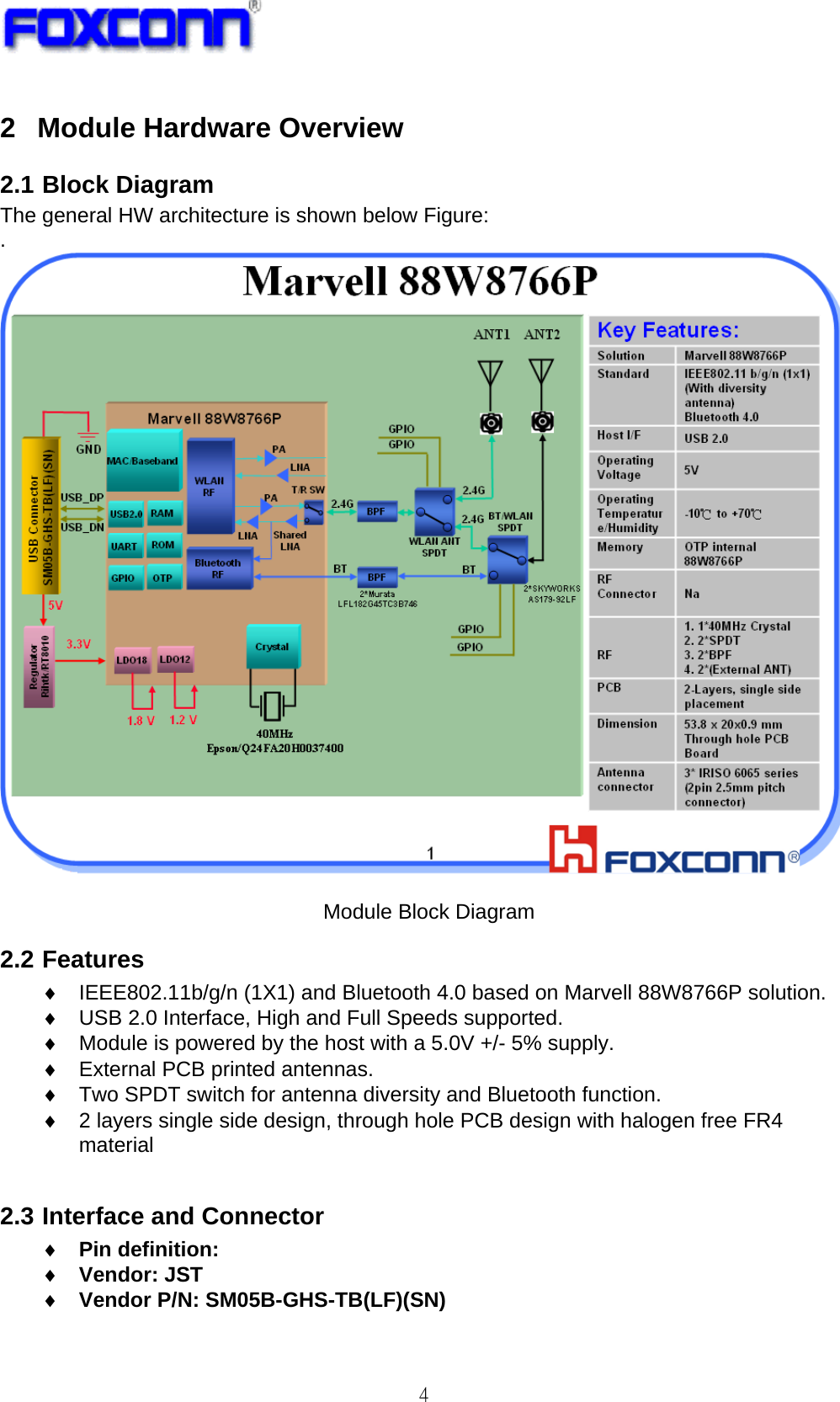  4 2  Module Hardware Overview 2.1 Block Diagram The general HW architecture is shown below Figure: .   Module Block Diagram 2.2 Features ♦  IEEE802.11b/g/n (1X1) and Bluetooth 4.0 based on Marvell 88W8766P solution. ♦  USB 2.0 Interface, High and Full Speeds supported. ♦  Module is powered by the host with a 5.0V +/- 5% supply. ♦  External PCB printed antennas. ♦  Two SPDT switch for antenna diversity and Bluetooth function. ♦  2 layers single side design, through hole PCB design with halogen free FR4 material   2.3 Interface and Connector ♦ Pin definition:   ♦ Vendor: JST ♦ Vendor P/N: SM05B-GHS-TB(LF)(SN)  