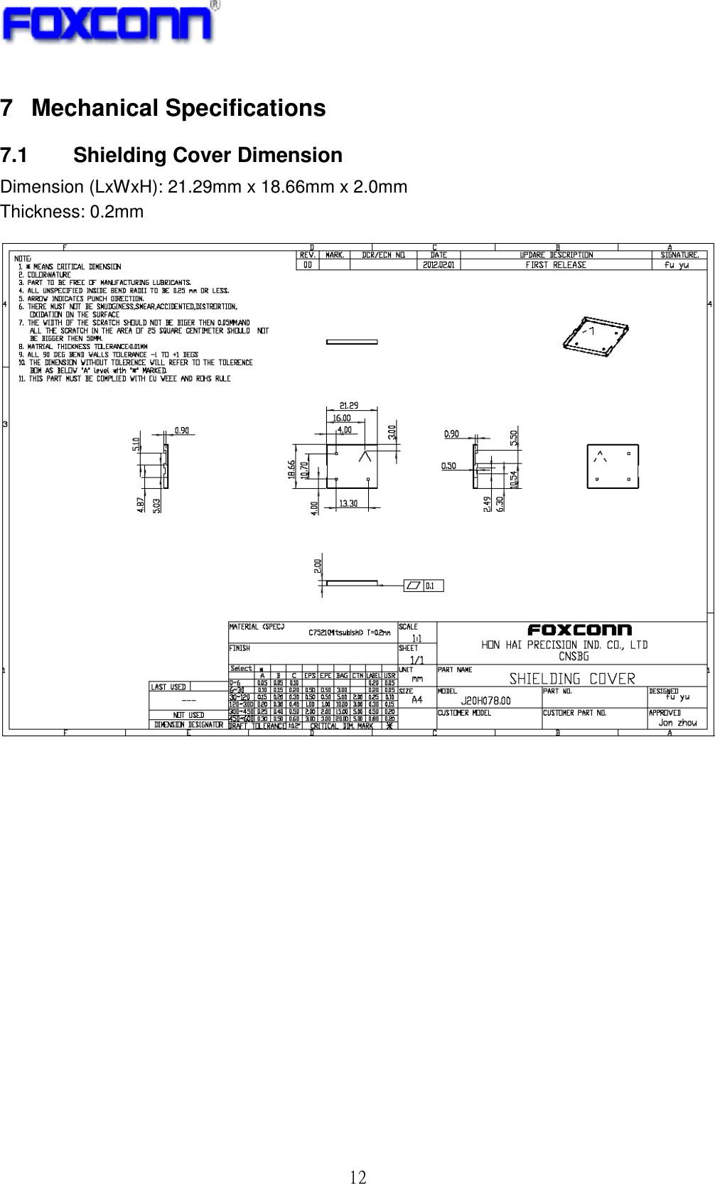 ! 23!7 Mechanical Specifications 7.1  Shielding Cover Dimension Dimension (LxWxH): 21.29mm x 18.66mm x 2.0mm Thickness: 0.2mm !!!!!!!!!