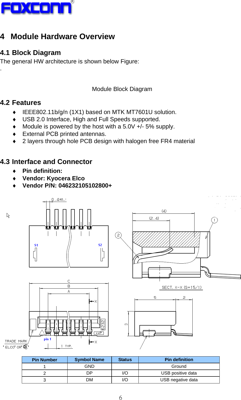   6 4  Module Hardware Overview 4.1 Block Diagram The general HW architecture is shown below Figure: .    Module Block Diagram 4.2 Features ♦  IEEE802.11b/g/n (1X1) based on MTK MT7601U solution. ♦  USB 2.0 Interface, High and Full Speeds supported. ♦  Module is powered by the host with a 5.0V +/- 5% supply. ♦  External PCB printed antennas. ♦  2 layers through hole PCB design with halogen free FR4 material  4.3 Interface and Connector ♦ Pin definition:   ♦ Vendor: Kyocera Elco ♦ Vendor P/N: 046232105102800+    Pin Number  Symbol Name  Status  Pin definition 1  GND   Ground 2  DP  I/O  USB positive data 3  DM I/O  USB negative data 