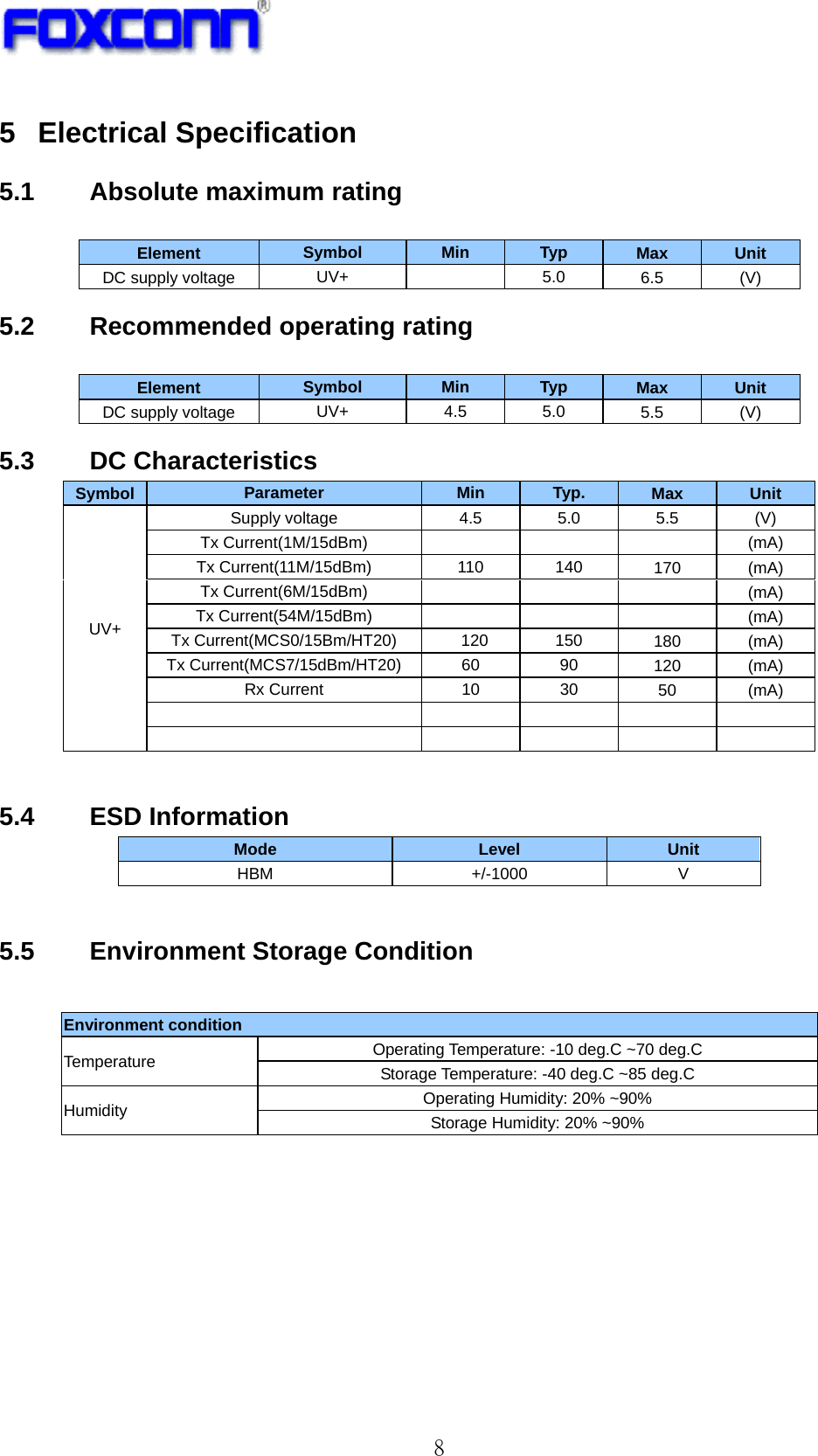   8 5 Electrical Specification 5.1  Absolute maximum rating  Element  Symbol  Min  Typ  Max  Unit DC supply voltage  UV+  5.0 6.5 (V) 5.2 Recommended operating rating  Element  Symbol  Min  Typ  Max  Unit DC supply voltage  UV+ 4.5 5.0 5.5 (V) 5.3 DC Characteristics Symbol  Parameter  Min  Typ.  Max  Unit UV+ Supply voltage  4.5  5.0  5.5 (V) Tx Current(1M/15dBm)       (mA) Tx Current(11M/15dBm)  110  140  170 (mA) Tx Current(6M/15dBm)       (mA) Tx Current(54M/15dBm)    (mA) Tx Current(MCS0/15Bm/HT20)    120  150  180 (mA) Tx Current(MCS7/15dBm/HT20)  60  90  120 (mA) Rx Current  10  30  50 (mA)            5.4 ESD Information Mode  Level  Unit HBM +/-1000 V  5.5  Environment Storage Condition                                                                                                             Environment condition                                                                       Temperature  Operating Temperature: -10 deg.C ~70 deg.C Storage Temperature: -40 deg.C ~85 deg.C Humidity  Operating Humidity: 20% ~90% Storage Humidity: 20% ~90% 