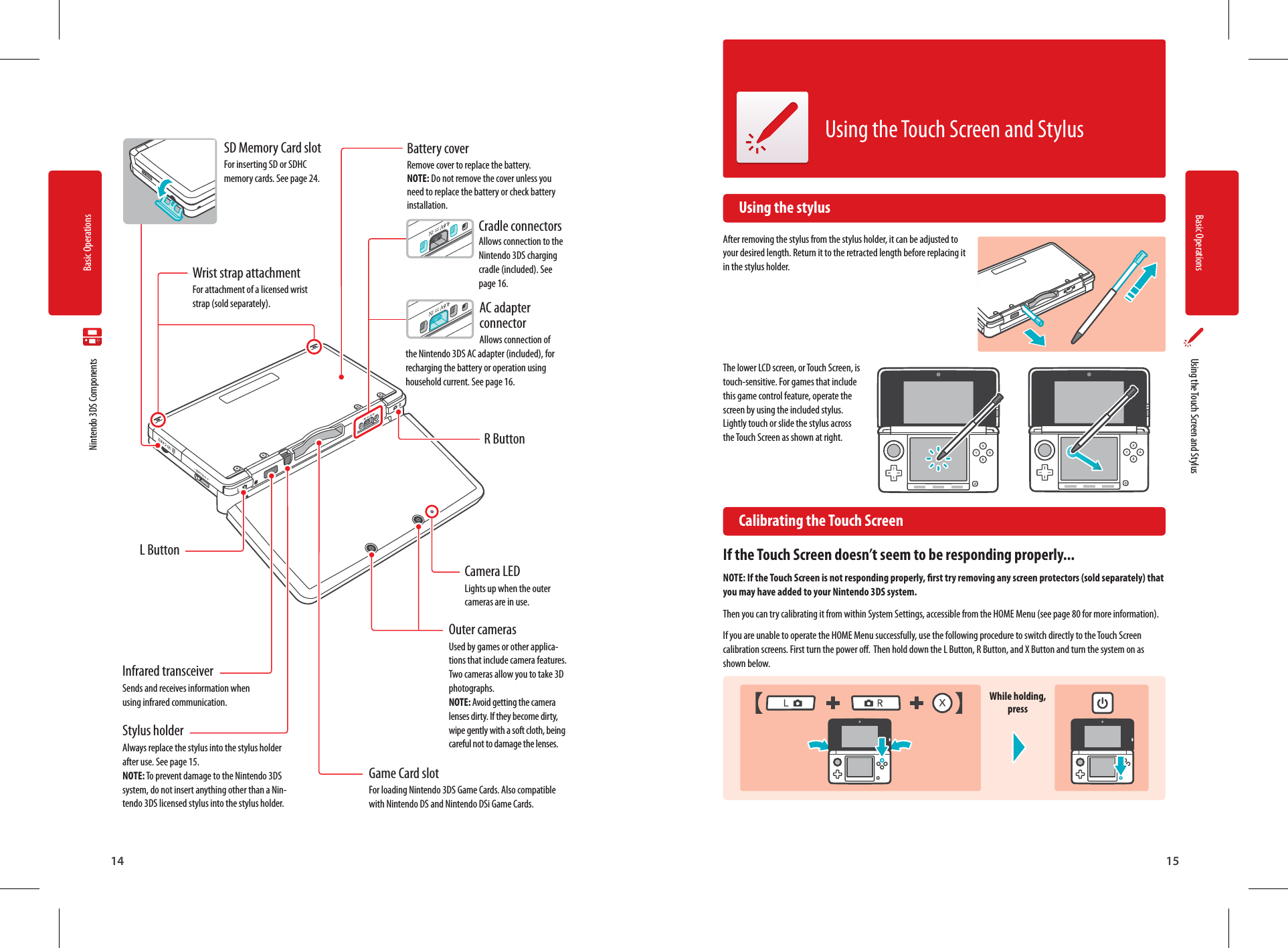 14Basic Operations15Basic Operations  Using the Touch Screen and StylusSD Memory Card slotFor inserting SD or SDHC memory cards. See page 24.Wrist strap attachmentFor attachment of a licensed wrist strap (sold separately).Infrared transceiverSends and receives information when using infrared communication.Stylus holderAlways replace the stylus into the stylus holder after use. See page 15. NOTE: To prevent damage to the Nintendo 3DS system, do not insert anything other than a Nin-tendo 3DS licensed stylus into the stylus holder.Game Card slotFor loading Nintendo 3DS Game Cards. Also compatible with Nintendo DS and Nintendo DSi Game Cards.Outer camerasUsed by games or other applica-tions that include camera features. Two cameras allow you to take 3D photographs. NOTE: Avoid getting the camera lenses dirty. If they become dirty, wipe gently with a soft cloth, being careful not to damage the lenses.R ButtonL ButtonBattery coverRemove cover to replace the battery. NOTE: Do not remove the cover unless you need to replace the battery or check battery installation.Cradle connectorsAllows connection to the Nintendo 3DS charging cradle (included). See page 16.AC adapter connectorAllows connection of the Nintendo 3DS AC adapter (included), for recharging the battery or operation using household current. See page 16.Camera LEDLights up when the outer cameras are in use.Using the Touch Screen and Stylus  Using the stylusAfter removing the stylus from the stylus holder, it can be adjusted to your desired length. Return it to the retracted length before replacing it in the stylus holder. The lower LCD screen, or Touch Screen, is touch-sensitive. For games that include this game control feature, operate the screen by using the included stylus. Lightly touch or slide the stylus across the Touch Screen as shown at right.  Calibrating the Touch ScreenIf the Touch Screen doesn’t seem to be responding properly...NOTE: If the Touch Screen is not responding properly, rst try removing any screen protectors (sold separately) that you may have added to your Nintendo 3DS system.Then you can try calibrating it from within System Settings, accessible from the HOME Menu (see page 80 for more information).If you are unable to operate the HOME Menu successfully, use the following procedure to switch directly to the Touch Screen calibration screens. First turn the power o.  Then hold down the L Button, R Button, and X Button and turn the system on as shown below.While holding, press  Nintendo 3DS Components