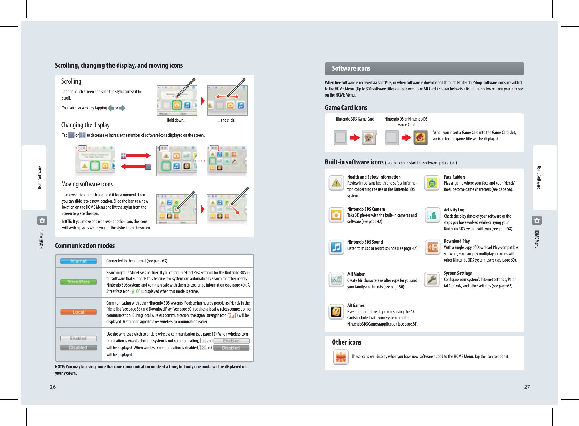 26Using Software27Hold down... ...and slide.Connected to the Internet (see page 63).Searching for a StreetPass partner. If you congure StreetPass settings for the Nintendo 3DS or for software that supports this feature, the system can automatically search for other nearby Nintendo 3DS systems and communicate with them to exchange information (see page 40). A StreetPass icon (  ) is displayed when this mode is active.Communicating with other Nintendo 3DS systems. Registering nearby people as friends in the friend list (see page 36) and Download Play (see page 60) requires a local wireless connection for communication. During local wireless communication, the signal strength icon (   ) will be displayed. A stronger signal makes wireless communication easier.Use the wireless switch to enable wireless communication (see page 12). When wireless com-munication is enabled but the system is not communicating,   and   will be displayed. When wireless communication is disabled,   and   will be displayed.Nintendo 3DS Game Card Nintendo DS or Nintendo DSi Game CardHealth and Safety InformationReview important health and safety informa-tion concerning the use of the Nintendo 3DS system.Nintendo 3DS CameraTake 3D photos with the built-in cameras and software (see page 42).Nintendo 3DS SoundListen to music or record sounds (see page 47).Mii MakerCreate Mii characters as alter egos for you and your family and friends (see page 50).AR GamesPlay augmented-reality games using the AR Cards included with your system and the Nintendo 3DS Camera application (see page 54).Face Raiders Play a  game where your face and your friends’ faces become game characters (see page 56).Activity Log Check the play times of your software or the steps you have walked while carrying your Nintendo 3DS system with you (see page 58).Download Play With a single copy of Download Play-compatible software, you can play multiplayer games with other Nintendo 3DS system users (see page 60).System Settings Congure your system’s Internet settings, Paren-tal Controls, and other settings (see page 62).Using Software HOME Menu HOME MenuScrolling, changing the display, and moving icons ScrollingTap the Touch Screen and slide the stylus across it to scroll.You can also scroll by tapping  or .  Changing the displayTap   or   to decrease or increase the number of software icons displayed on the screen.  Moving software iconsTo move an icon, touch and hold it for a moment. Then you can slide it to a new location. Slide the icon to a new location on the HOME Menu and lift the stylus from the screen to place the icon.NOTE: If you move one icon over another icon, the icons will switch places when you lift the stylus from the screen.Communication modes Software iconsWhen free software is received via SpotPass, or when software is downloaded through Nintendo eShop, software icons are added to the HOME Menu. (Up to 300 software titles can be saved to an SD Card.) Shown below is a list of the software icons you may see on the HOME Menu.Game Card iconsWhen you insert a Game Card into the Game Card slot, an icon for the game title will be displayed.Built-in software icons (Tap the icon to start the software application.) Other iconsThese icons will display when you have new software added to the HOME Menu. Tap the icon to open it.NOTE: You may be using more than one communication mode at a time, but only one mode will be displayed on your system.
