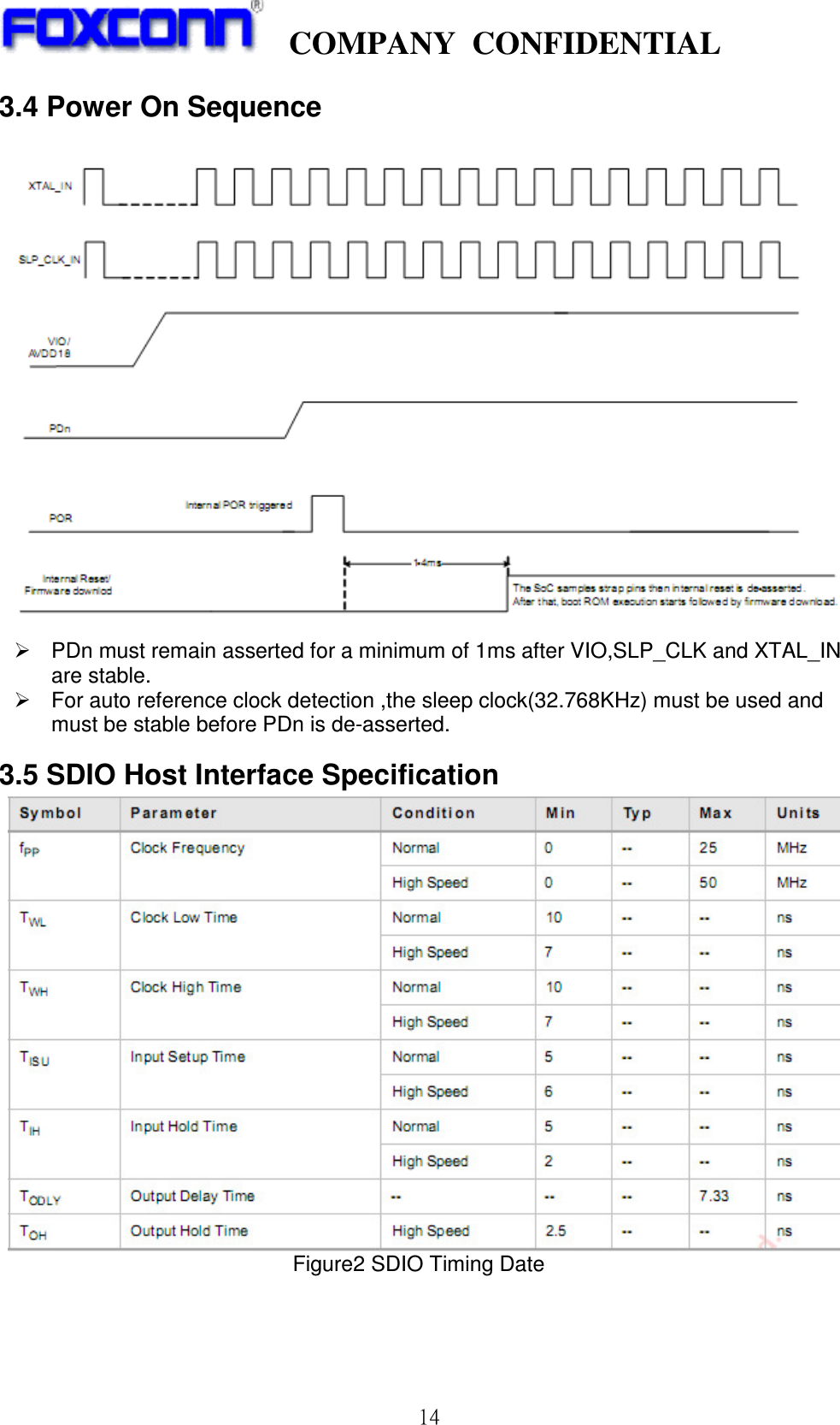    COMPANY  CONFIDENTIAL             14 3.4 Power On Sequence    PDn must remain asserted for a minimum of 1ms after VIO,SLP_CLK and XTAL_IN are stable.   For auto reference clock detection ,the sleep clock(32.768KHz) must be used and must be stable before PDn is de-asserted. 3.5 SDIO Host Interface Specification                                   Figure2 SDIO Timing Date 