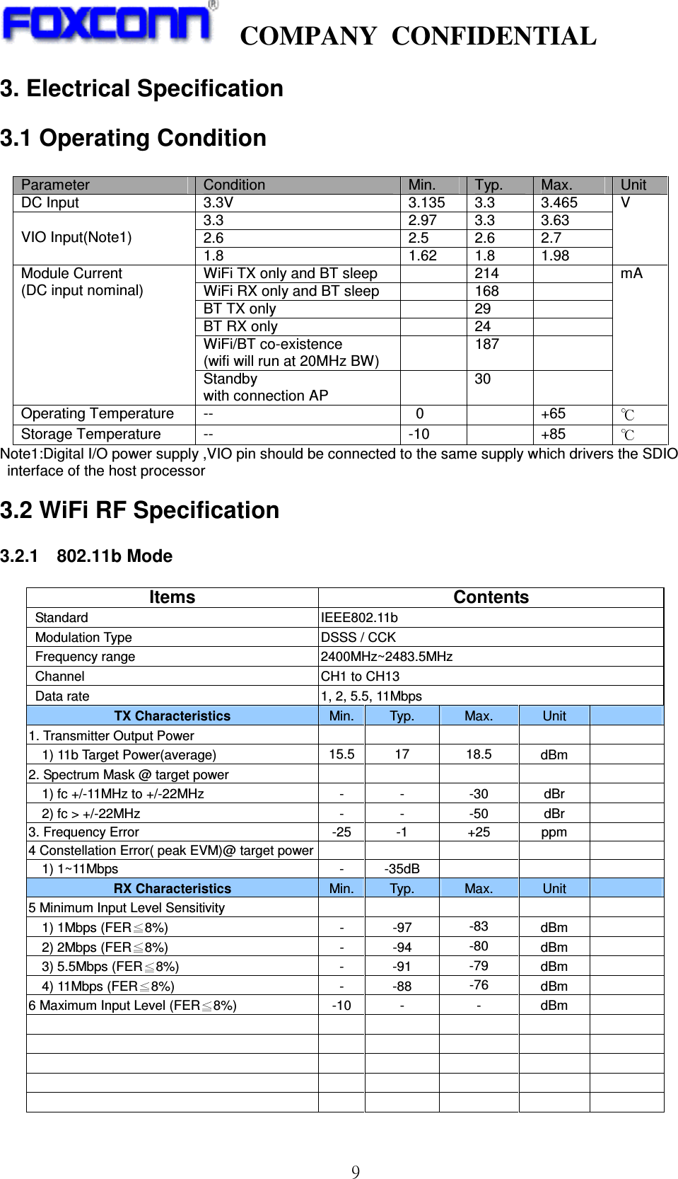    COMPANY  CONFIDENTIAL             9 3. Electrical Specification 3.1 Operating Condition  Parameter  Condition  Min.  Typ.  Max.  Unit DC Input    3.3V  3.135  3.3  3.465 3.3  2.97  3.3  3.63 2.6  2.5  2.6  2.7  VIO Input(Note1)   1.8  1.62  1.8  1.98 V WiFi TX only and BT sleep    214   WiFi RX only and BT sleep    168   BT TX only    29   BT RX only    24   WiFi/BT co-existence (wifi will run at 20MHz BW)   187   Module Current (DC input nominal) Standby   with connection AP   30   mA Operating Temperature  --  0    +65   Storage Temperature  --  -10    +85   Note1:Digital I/O power supply ,VIO pin should be connected to the same supply which drivers the SDIO   interface of the host processor 3.2 WiFi RF Specification 3.2.1    802.11b Mode                                                                                           Items  Contents   Standard  IEEE802.11b   Modulation Type  DSSS / CCK   Frequency range  2400MHz~2483.5MHz   Channel  CH1 to CH13   Data rate  1, 2, 5.5, 11Mbps TX Characteristics  Min. Typ.  Max.  Unit  1. Transmitter Output Power               1) 11b Target Power(average)  15.5 17  18.5  dBm   2. Spectrum Mask @ target power               1) fc +/-11MHz to +/-22MHz  -  -  -30  dBr       2) fc &gt; +/-22MHz                                    -  -  -50  dBr   3. Frequency Error    -25  -1  +25  ppm   4 Constellation Error( peak EVM)@ target power            1) 1~11Mbps    -  -35dB       RX Characteristics  Min. Typ.  Max.  Unit   5 Minimum Input Level Sensitivity               1) 1Mbps (FER 8%)  -  -97  -83  dBm       2) 2Mbps (FER 8%)  -  -94  -80  dBm       3) 5.5Mbps (FER 8%)  -  -91  -79  dBm       4) 11Mbps (FER 8%)  -  -88  -76  dBm   6 Maximum Input Level (FER 8%)  -10  -  -  dBm                                                      