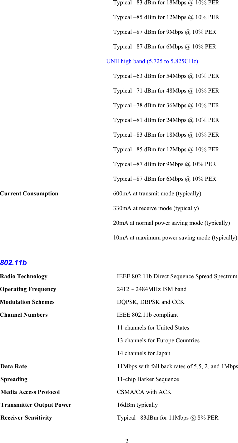  2Typical –83 dBm for 18Mbps @ 10% PER  Typical –85 dBm for 12Mbps @ 10% PER   Typical –87 dBm for 9Mbps @ 10% PER   Typical –87 dBm for 6Mbps @ 10% PER                                                                      UNII high band (5.725 to 5.825GHz) Typical –63 dBm for 54Mbps @ 10% PER  Typical –71 dBm for 48Mbps @ 10% PER   Typical –78 dBm for 36Mbps @ 10% PER   Typical –81 dBm for 24Mbps @ 10% PER Typical –83 dBm for 18Mbps @ 10% PER  Typical –85 dBm for 12Mbps @ 10% PER  Typical –87 dBm for 9Mbps @ 10% PER   Typical –87 dBm for 6Mbps @ 10% PER Current Consumption  600mA at transmit mode (typically)   330mA at receive mode (typically) 20mA at normal power saving mode (typically) 10mA at maximum power saving mode (typically)  802.11b Radio Technology  IEEE 802.11b Direct Sequence Spread Spectrum Operating Frequency  2412 ~ 2484MHz ISM band Modulation Schemes  DQPSK, DBPSK and CCK Channel Numbers  IEEE 802.11b compliant   11 channels for United States   13 channels for Europe Countries   14 channels for Japan Data Rate  11Mbps with fall back rates of 5.5, 2, and 1Mbps Spreading 11-chip Barker Sequence Media Access Protocol  CSMA/CA with ACK Transmitter Output Power 16dBm typically Receiver Sensitivity  Typical –83dBm for 11Mbps @ 8% PER 