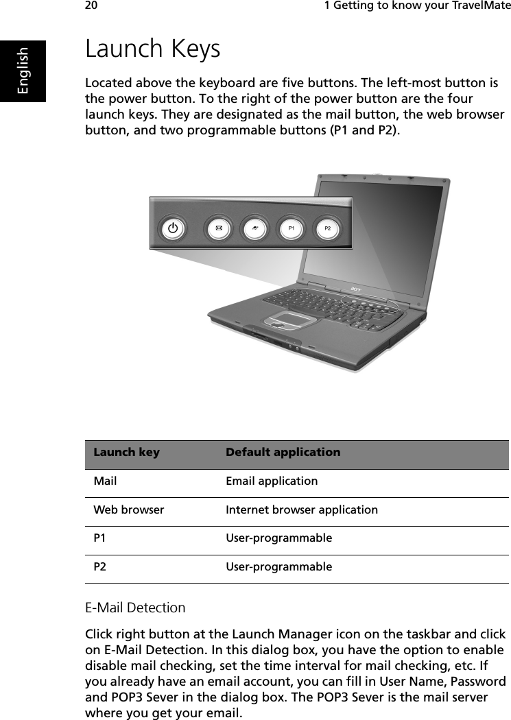  1 Getting to know your TravelMate20EnglishLaunch KeysLocated above the keyboard are five buttons. The left-most button is the power button. To the right of the power button are the four launch keys. They are designated as the mail button, the web browser button, and two programmable buttons (P1 and P2).E-Mail DetectionClick right button at the Launch Manager icon on the taskbar and click on E-Mail Detection. In this dialog box, you have the option to enable disable mail checking, set the time interval for mail checking, etc. If you already have an email account, you can fill in User Name, Password and POP3 Sever in the dialog box. The POP3 Sever is the mail server where you get your email.Launch key Default applicationMail Email applicationWeb browser Internet browser applicationP1 User-programmableP2 User-programmable