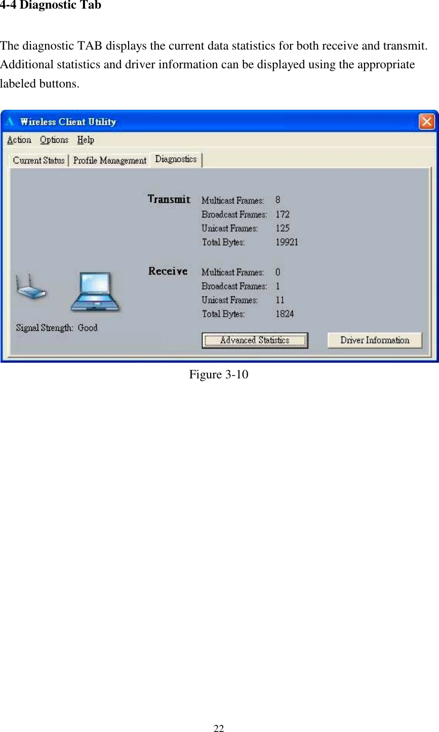 224-4 Diagnostic TabThe diagnostic TAB displays the current data statistics for both receive and transmit.Additional statistics and driver information can be displayed using the appropriatelabeled buttons.Figure 3-10