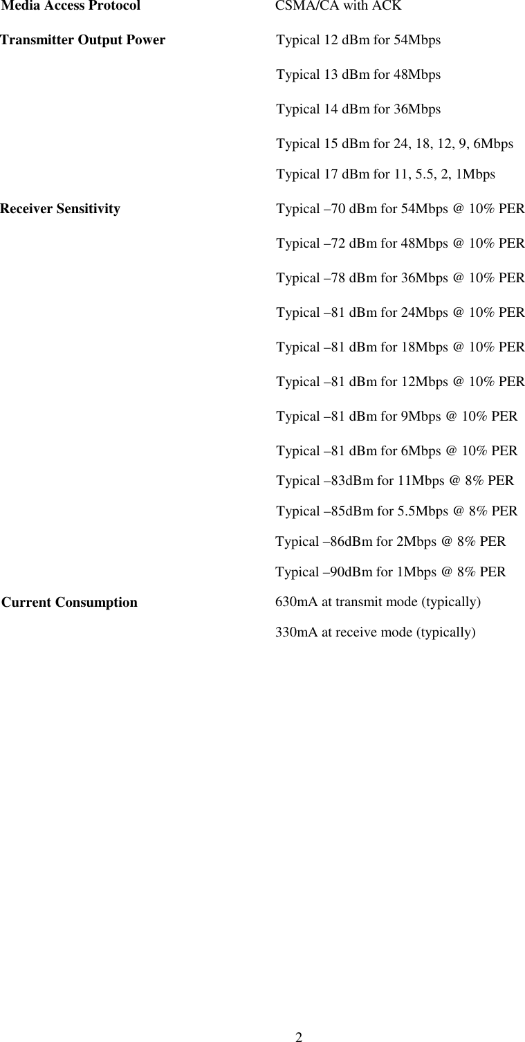 2Media Access Protocol CSMA/CA with ACKTransmitter Output Power Typical 12 dBm for 54MbpsTypical 13 dBm for 48MbpsTypical 14 dBm for 36MbpsTypical 15 dBm for 24, 18, 12, 9, 6MbpsTypical 17 dBm for 11, 5.5, 2, 1MbpsReceiver Sensitivity Typical –70 dBm for 54Mbps @ 10% PERTypical –72 dBm for 48Mbps @ 10% PERTypical –78 dBm for 36Mbps @ 10% PERTypical –81 dBm for 24Mbps @ 10% PERTypical –81 dBm for 18Mbps @ 10% PERTypical –81 dBm for 12Mbps @ 10% PERTypical –81 dBm for 9Mbps @ 10% PERTypical –81 dBm for 6Mbps @ 10% PERTypical –83dBm for 11Mbps @ 8% PERTypical –85dBm for 5.5Mbps @ 8% PERTypical –86dBm for 2Mbps @ 8% PERTypical –90dBm for 1Mbps @ 8% PERCurrent Consumption 630mA at transmit mode (typically)330mA at receive mode (typically)