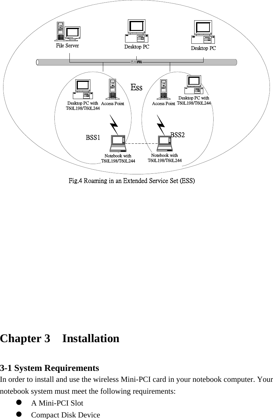 EssBSS1 BSS2乙太網路File Server Desktop PC Desktop PCDesktop PC withT60L198/T60L244Desktop PC withT60L198/T60L244Access Point Access PointNotebook withT60L198/T60L244Notebook withT60L198/T60L244Fig.4 Roaming in an Extended Service Set (ESS)              Chapter 3  Installation   3-1 System Requirements In order to install and use the wireless Mini-PCI card in your notebook computer. Your  notebook system must meet the following requirements:  A Mini-PCI Slot  Compact Disk Device  