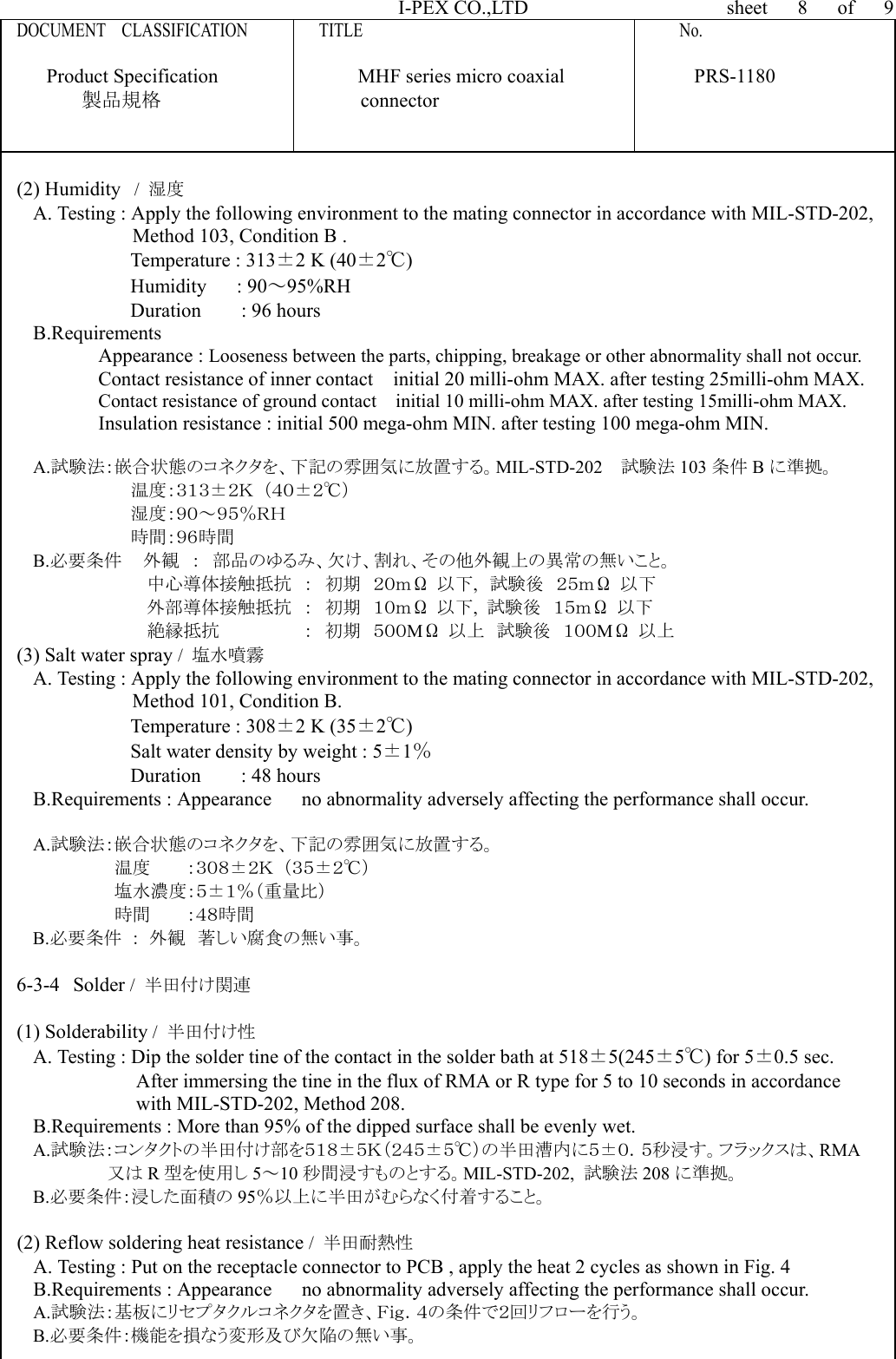 I-PEX CO.,LTD                sheet   8   of   9 DOCUMENT  CLASSIFICATION         TITLE                                        No.      Product Specification              MHF series micro coaxial             PRS-1180 製品規格                    connector    (2) Humidity /  湿度  A. Testing : Apply the following environment to the mating connector in accordance with MIL-STD-202,   Method 103, Condition B . Temperature : 313±2 K (40±2℃) Humidity   : 90～95%RH Duration    : 96 hours B.Requirements Appearance : Looseness between the parts, chipping, breakage or other abnormality shall not occur. Contact resistance of inner contact    initial 20 milli-ohm MAX. after testing 25milli-ohm MAX. Contact resistance of ground contact    initial 10 milli-ohm MAX. after testing 15milli-ohm MAX. Insulation resistance : initial 500 mega-ohm MIN. after testing 100 mega-ohm MIN.  A.試験法：嵌合状態のコネクタを、下記の雰囲気に放置する。MIL-STD-202  試験法 103 条件 Bに準拠。 温度：３１３±２Ｋ （４０±２℃） 湿度：９０～９５％ＲＨ 時間：９６時間 B.必要条件   外観  ：  部品のゆるみ、欠け、割れ、その他外観上の異常の無いこと。 中心導体接触抵抗  ：  初期  ２０ｍΩ 以下,  試験後  ２５ｍΩ 以下 外部導体接触抵抗  ：  初期  １０ｍΩ 以下,  試験後  １５ｍΩ 以下 絶縁抵抗       ： 初期 ５００MΩ  以上  試験後  １００MΩ 以上 (3) Salt water spray /  塩水噴霧 A. Testing : Apply the following environment to the mating connector in accordance with MIL-STD-202,   Method 101, Condition B. Temperature : 308±2 K (35±2℃) Salt water density by weight : 5±1％ Duration    : 48 hours B.Requirements : Appearance      no abnormality adversely affecting the performance shall occur.  A.試験法：嵌合状態のコネクタを、下記の雰囲気に放置する。 温度   ：３０８±２Ｋ （３５±２℃） 塩水濃度：５±１％（重量比） 時間   ：４８時間 B.必要条件 ： 外観  著しい腐食の無い事。  6-3-4 Solder /  半田付け関連  (1) Solderability /  半田付け性 A. Testing : Dip the solder tine of the contact in the solder bath at 518±5(245±5℃) for 5±0.5 sec. After immersing the tine in the flux of RMA or R type for 5 to 10 seconds in accordance   with MIL-STD-202, Method 208.   B.Requirements : More than 95% of the dipped surface shall be evenly wet. A.試験法：コンタクトの半田付け部を５１８±５Ｋ（２４５±５℃）の半田漕内に５±０．５秒浸す。フラックスは、RMA 又は R型を使用し 5～10 秒間浸すものとする。MIL-STD-202,  試験法 208 に準拠。 B.必要条件：浸した面積の 95％以上に半田がむらなく付着すること。  (2) Reflow soldering heat resistance /  半田耐熱性  A. Testing : Put on the receptacle connector to PCB , apply the heat 2 cycles as shown in Fig. 4   B.Requirements : Appearance      no abnormality adversely affecting the performance shall occur. A.試験法：基板にリセプタクルコネクタを置き、Ｆｉｇ．４の条件で２回リフローを行う。 B.必要条件：機能を損なう変形及び欠陥の無い事。             Form.Rev.0 