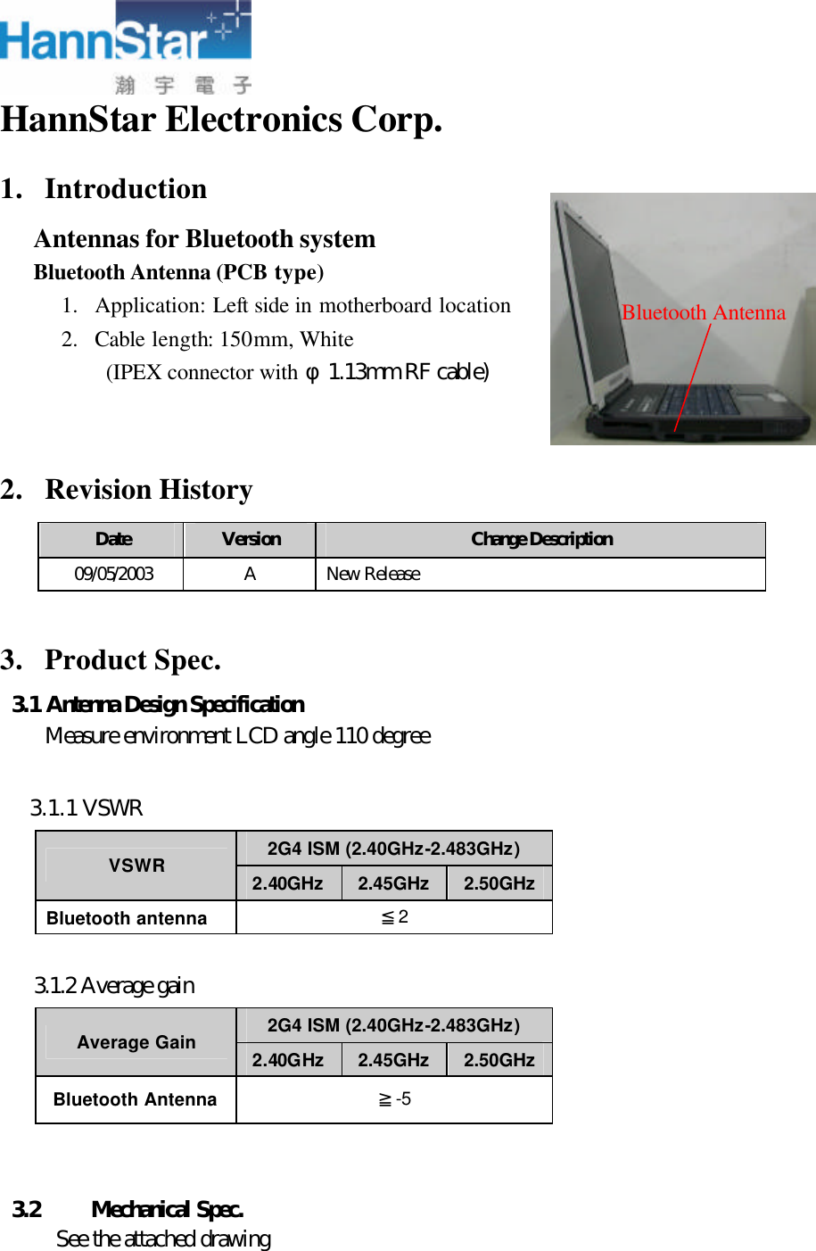  HannStar Electronics Corp.  1. Introduction Antennas for Bluetooth system Bluetooth Antenna (PCB type) 1. Application: Left side in motherboard location 2. Cable length: 150mm, White (IPEX connector with φ1.13mm RF cable)  2. Revision History Date Version Change Description 09/05/2003 A New Release  3. Product Spec. 3.1 Antenna Design Specification Measure environment LCD angle 110 degree     3.1.1 VSWR 2G4 ISM (2.40GHz-2.483GHz) VSWR 2.40GHz 2.45GHz 2.50GHz Bluetooth antenna ≦2  3.1.2 Average gain 2G4 ISM (2.40GHz-2.483GHz) Average Gain 2.40GHz 2.45GHz 2.50GHz Bluetooth Antenna ≧-5   3.2     Mechanical Spec. See the attached drawing    Bluetooth Antenna 