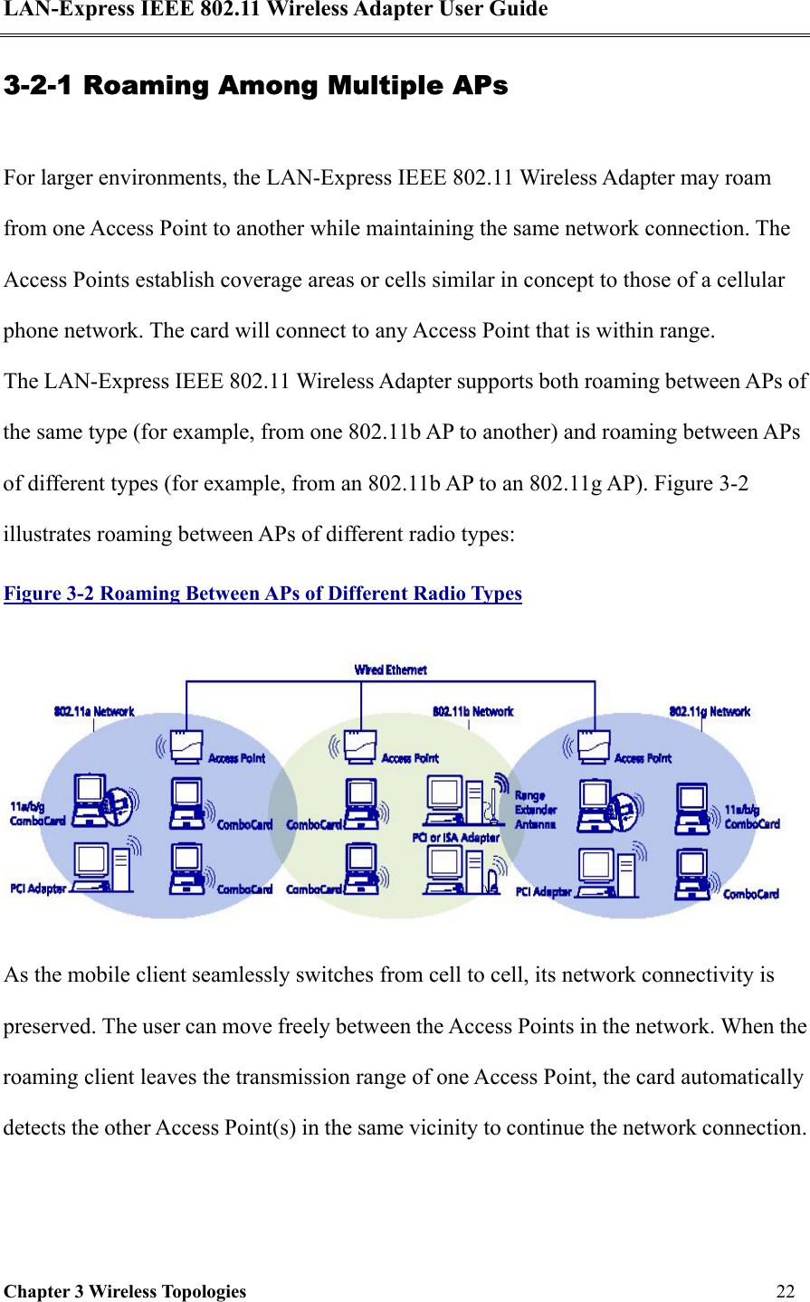 LAN-Express IEEE 802.11 Wireless Adapter User Guide Chapter 3 Wireless Topologies   22  3-2-1 Roaming Among Multiple APs For larger environments, the LAN-Express IEEE 802.11 Wireless Adapter may roam from one Access Point to another while maintaining the same network connection. The Access Points establish coverage areas or cells similar in concept to those of a cellular phone network. The card will connect to any Access Point that is within range. The LAN-Express IEEE 802.11 Wireless Adapter supports both roaming between APs of the same type (for example, from one 802.11b AP to another) and roaming between APs of different types (for example, from an 802.11b AP to an 802.11g AP). Figure 3-2 illustrates roaming between APs of different radio types: Figure 3-2 Roaming Between APs of Different Radio Types  As the mobile client seamlessly switches from cell to cell, its network connectivity is preserved. The user can move freely between the Access Points in the network. When the roaming client leaves the transmission range of one Access Point, the card automatically detects the other Access Point(s) in the same vicinity to continue the network connection.  