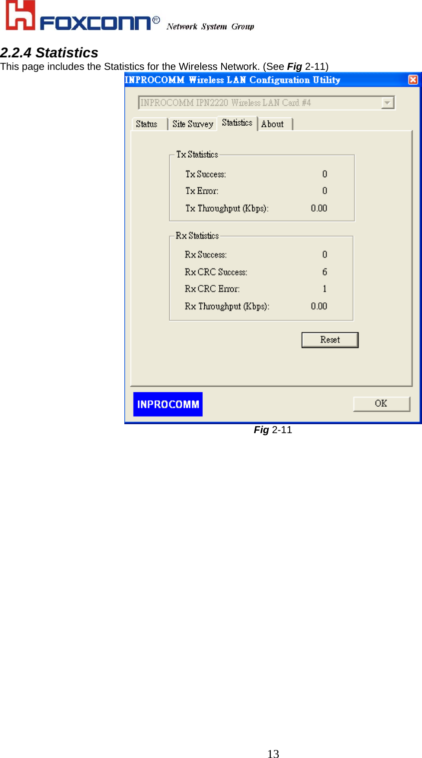    132.2.4 Statistics This page includes the Statistics for the Wireless Network. (See Fig 2-11)  Fig 2-11 