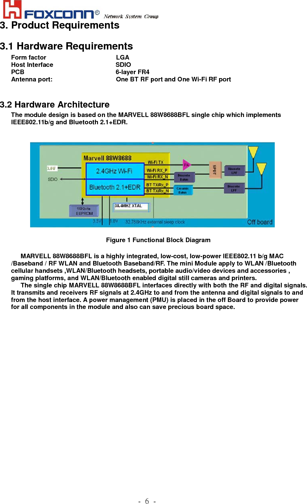             .!7!.!3. Product Requirements 3.1 Hardware Requirements Form factor                      LGA Host Interface              SDIO                             PCB                6-layer FR4   Antenna port:                    One BT RF port and One Wi-Fi RF port  3.2 Hardware Architecture The module design is based on the MARVELL 88W8688BFL single chip which implements IEEE802.11b/g and Bluetooth 2.1+EDR.     Figure 1 Functional Block Diagram  MARVELL 88W8688BFL is a highly integrated, low-cost, low-power IEEE802.11 b/g MAC /Baseband / RF WLAN and Bluetooth Baseband/RF. The mini Module apply to WLAN /Bluetooth cellular handsets ,WLAN/Bluetooth headsets, portable audio/video devices and accessories , gaming platforms, and WLAN/Bluetooth enabled digital still cameras and printers.       The single chip MARVELL 88W8688BFL interfaces directly with both the RF and digital signals. It transmits and receivers RF signals at 2.4GHz to and from the antenna and digital signals to and from the host interface. A power management (PMU) is placed in the off Board to provide power for all components in the module and also can save precious board space.      