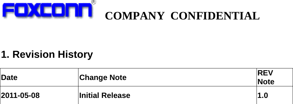   COMPANY CONFIDENTIAL              1. Revision History                                          Date Change Note  REV Note 2011-05-08 Initial Release  1.0 
