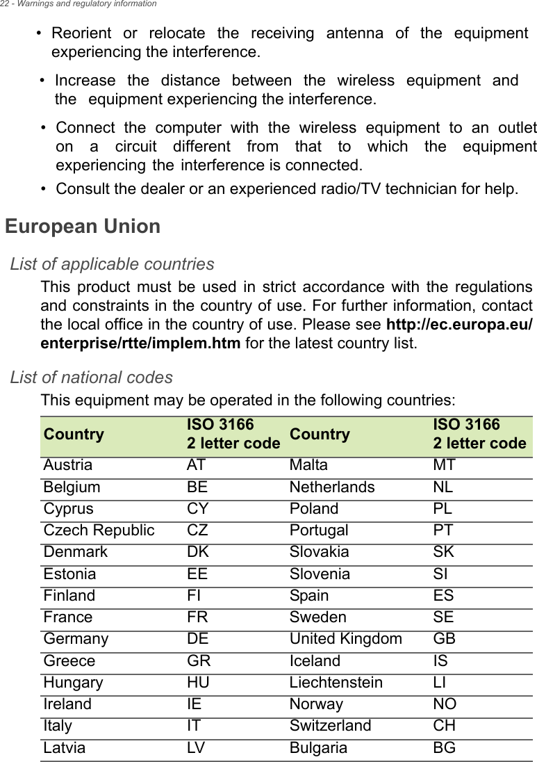 22 - Warnings and regulatory information•Connect  the  computer  with  the  wireless  equipment to  an  outleton  a circuit  different  from  that  to  which  the  equipmentexperiencing the interference is connected.• Consult the dealer or an experienced radio/TV technician for help.European UnionList of applicable countriesThis product must be used in strict accordance with the regulations and constraints in the country of use. For further information, contact the local office in the country of use. Please see http://ec.europa.eu/enterprise/rtte/implem.htm for the latest country list.List of national codesThis equipment may be operated in the following countries:Country ISO 3166  2 letter code Country ISO 3166  2 letter codeAustria AT Malta MTBelgium BE Netherlands NLCyprus CY Poland PLCzech Republic CZ Portugal PTDenmark DK Slovakia SKEstonia EE Slovenia SIFinland FI Spain ESFrance FR Sweden SEGermany DE United Kingdom GBGreece GR Iceland ISHungary HU Liechtenstein LIIreland IE Norway NOItaly IT Switzerland CHLatvia LV Bulgaria BG•Increase the distance between the wireless equipment andthe equipment experiencing the interference.• Reorient or relocate the receiving antenna of the equipmentexperiencing the interference.