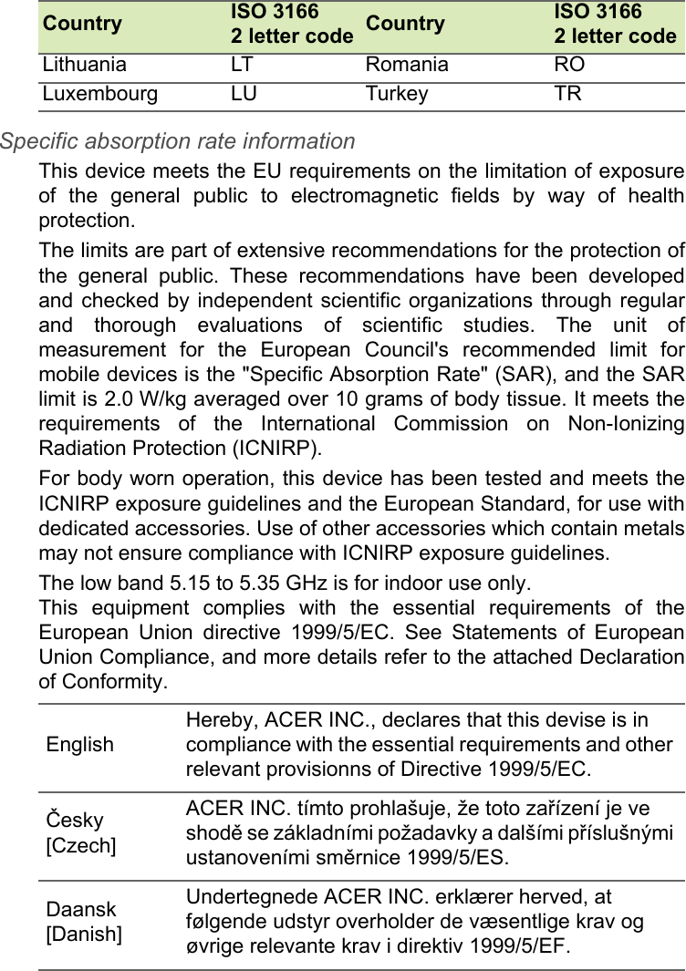 Specific absorption rate information This device meets the EU requirements on the limitation of exposure of the general public to electromagnetic fields by way of health protection. The limits are part of extensive recommendations for the protection of the general public. These recommendations have been developed and checked by independent scientific organizations through regular and thorough evaluations of scientific studies. The unit of measurement for the European Council&apos;s recommended limit for mobile devices is the &quot;Specific Absorption Rate&quot; (SAR), and the SAR limit is 2.0 W/kg averaged over 10 grams of body tissue. It meets the requirements of the International Commission on Non-Ionizing Radiation Protection (ICNIRP). For body worn operation, this device has been tested and meets the ICNIRP exposure guidelines and the European Standard, for use with dedicated accessories. Use of other accessories which contain metals may not ensure compliance with ICNIRP exposure guidelines. The low band 5.15 to 5.35 GHz is for indoor use only.  This equipment complies with the essential requirements of the European Union directive 1999/5/EC. See Statements of European Union Compliance, and more details refer to the attached Declaration of Conformity.Lithuania LT Romania ROLuxembourg LU Turkey TRCountry ISO 3166  2 letter code Country ISO 3166  2 letter codeEnglishHereby, ACER INC., declares that this devise is in compliance with the essential requirements and other relevant provisionns of Directive 1999/5/EC.Česky [Czech]ACER INC. tímto prohlašuje, že toto zařízení je ve shodě se základními požadavky a dalšími příslušnými ustanoveními směrnice 1999/5/ES.Daansk [Danish]Undertegnede ACER INC. erklærer herved, at følgende udstyr overholder de væsentlige krav og øvrige relevante krav i direktiv 1999/5/EF.