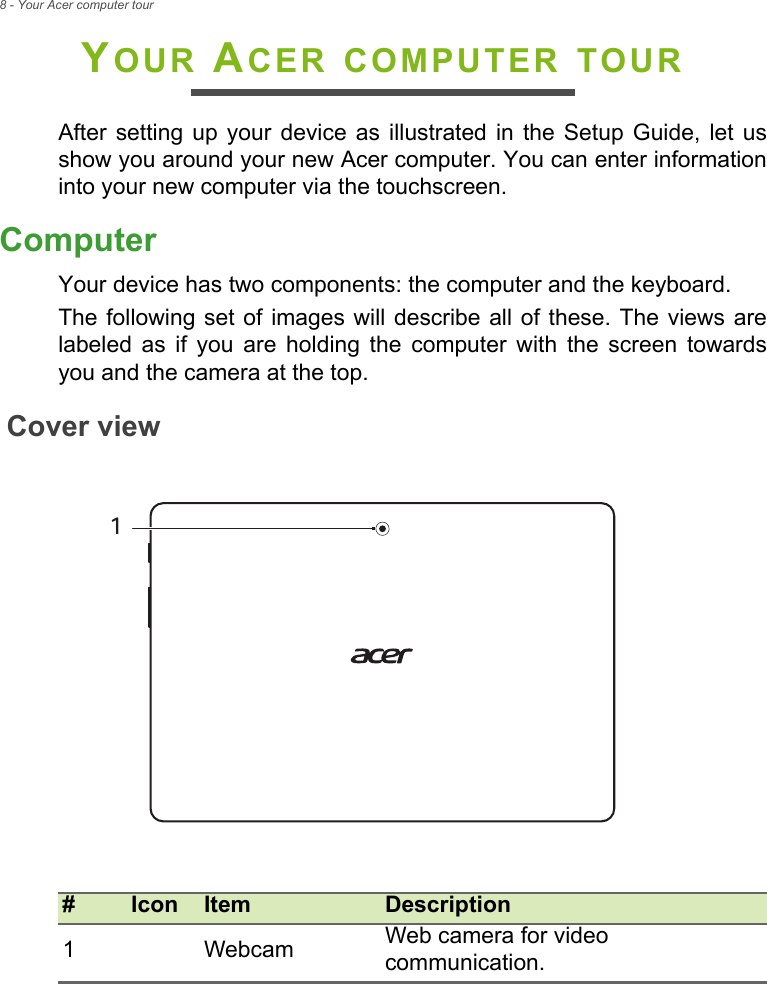 8 - Your Acer computer tourYOUR ACER COMPUTER TOURAfter setting up your device as illustrated in the Setup Guide, let us show you around your new Acer computer. You can enter information into your new computer via the touchscreen.ComputerYour device has two components: the computer and the keyboard.The following set of images will describe all of these. The views are labeled as if you are holding the computer with the screen towards you and the camera at the top.Cover view#Icon Item Description1Webcam Web camera for video communication.1